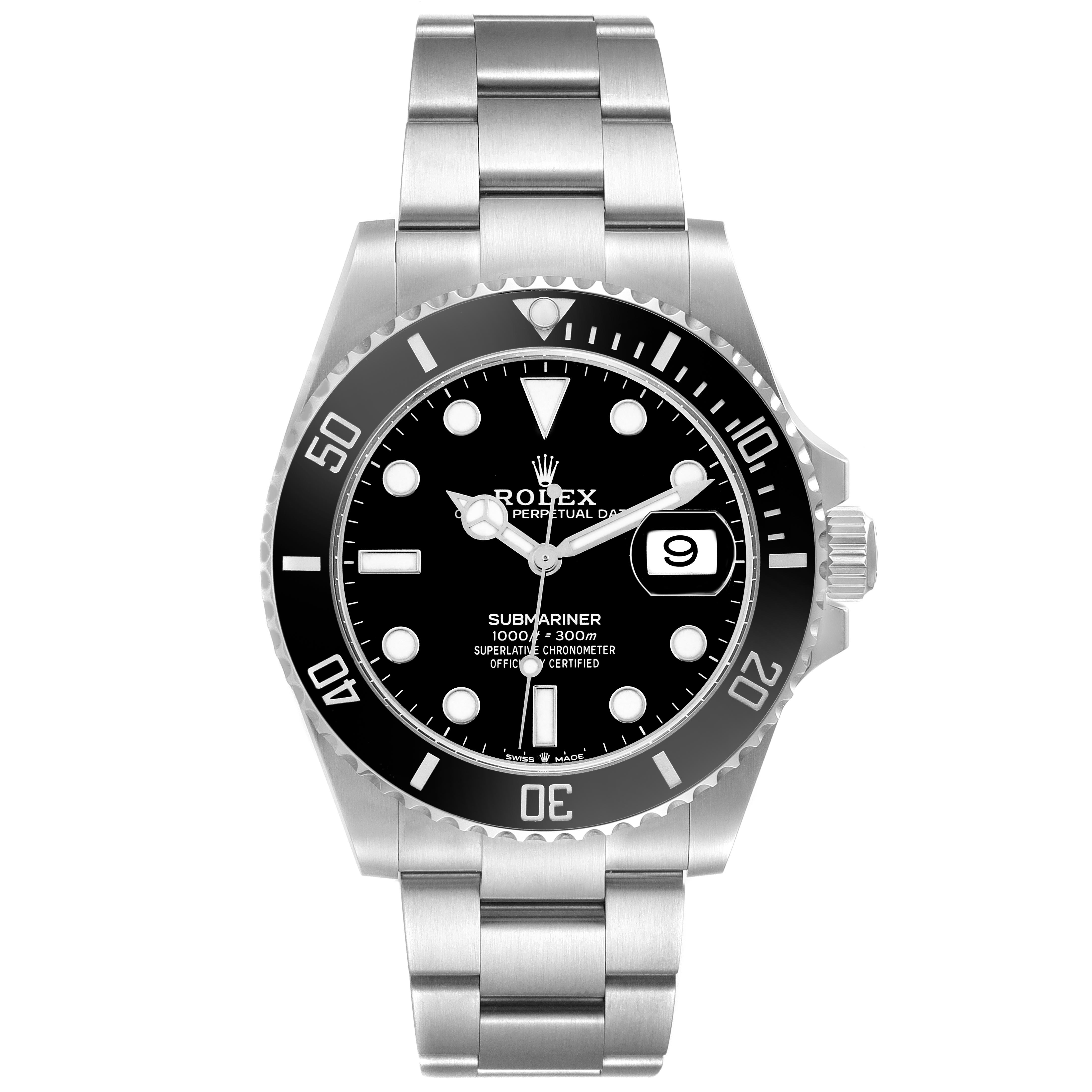 The Rolex Submariner 126610 Men's Stainless Steel Black Dial 126610 Men's Stainless Steel Black Dial watch is shown in a top-down view, displaying its dial, bezel, bracelet, and crown.