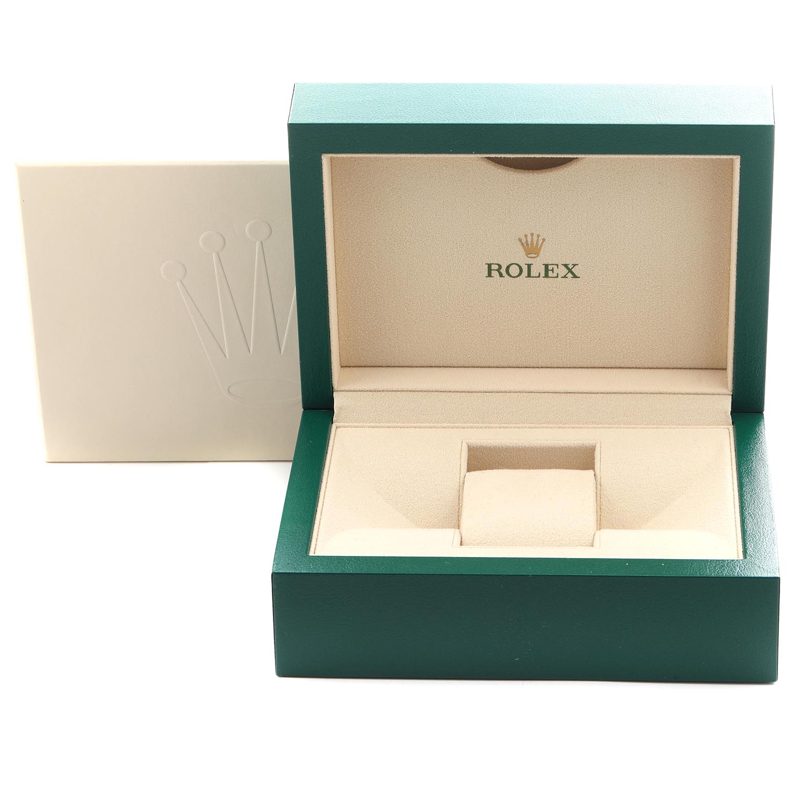 The image shows an open Rolex watch box for the Submariner model, featuring a green exterior and beige interior.