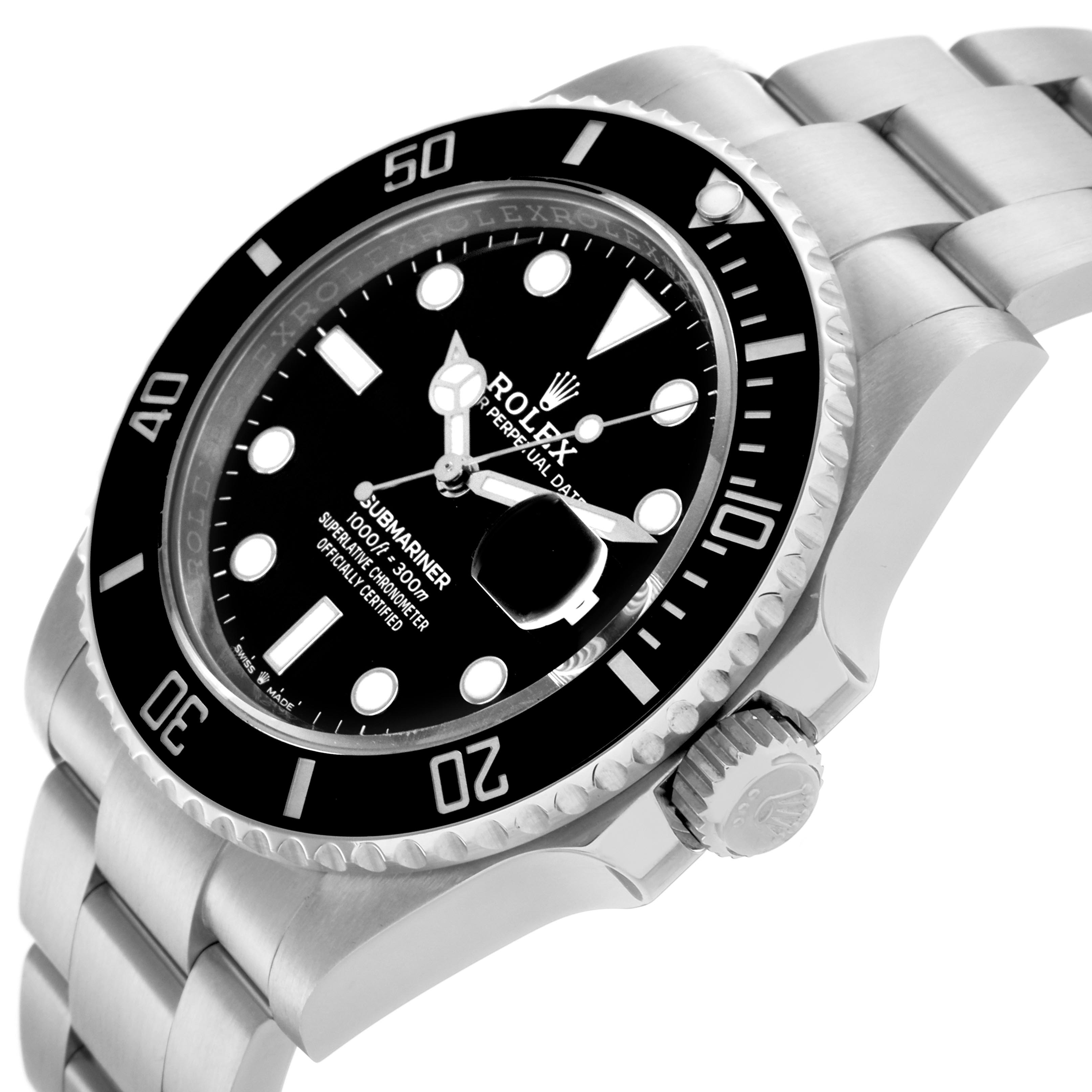 The Rolex Submariner 126610 Men's Stainless Steel Black Dial 126610 Men's Stainless Steel Black Dial is shown at an angled perspective, highlighting the bezel, face, and bracelet.