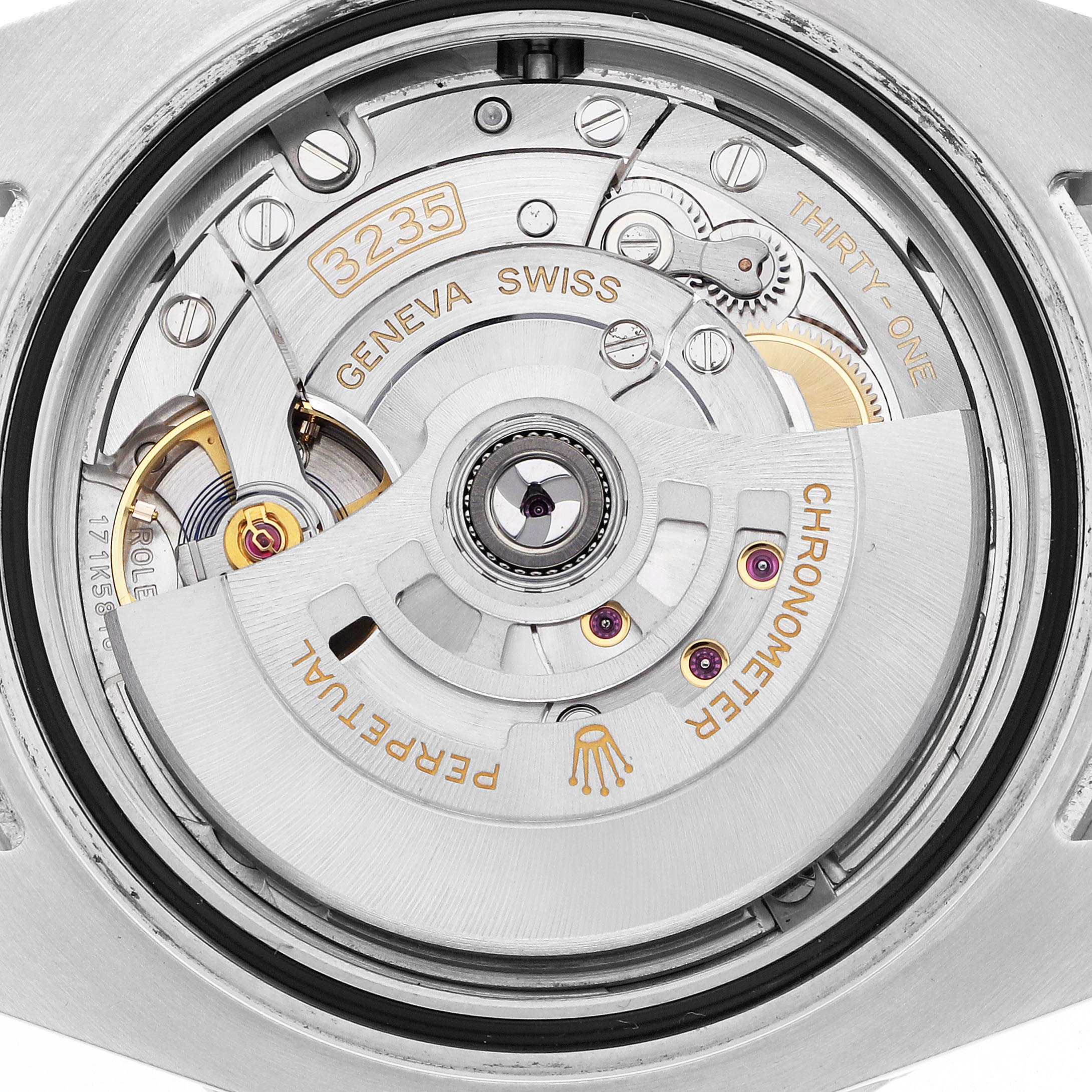 The image shows the movement of a Rolex Submariner 126610 Men's Stainless Steel Black Dial 126610 Men's Stainless Steel Black Dial, focusing on its intricate internal mechanism from a top-down angle.