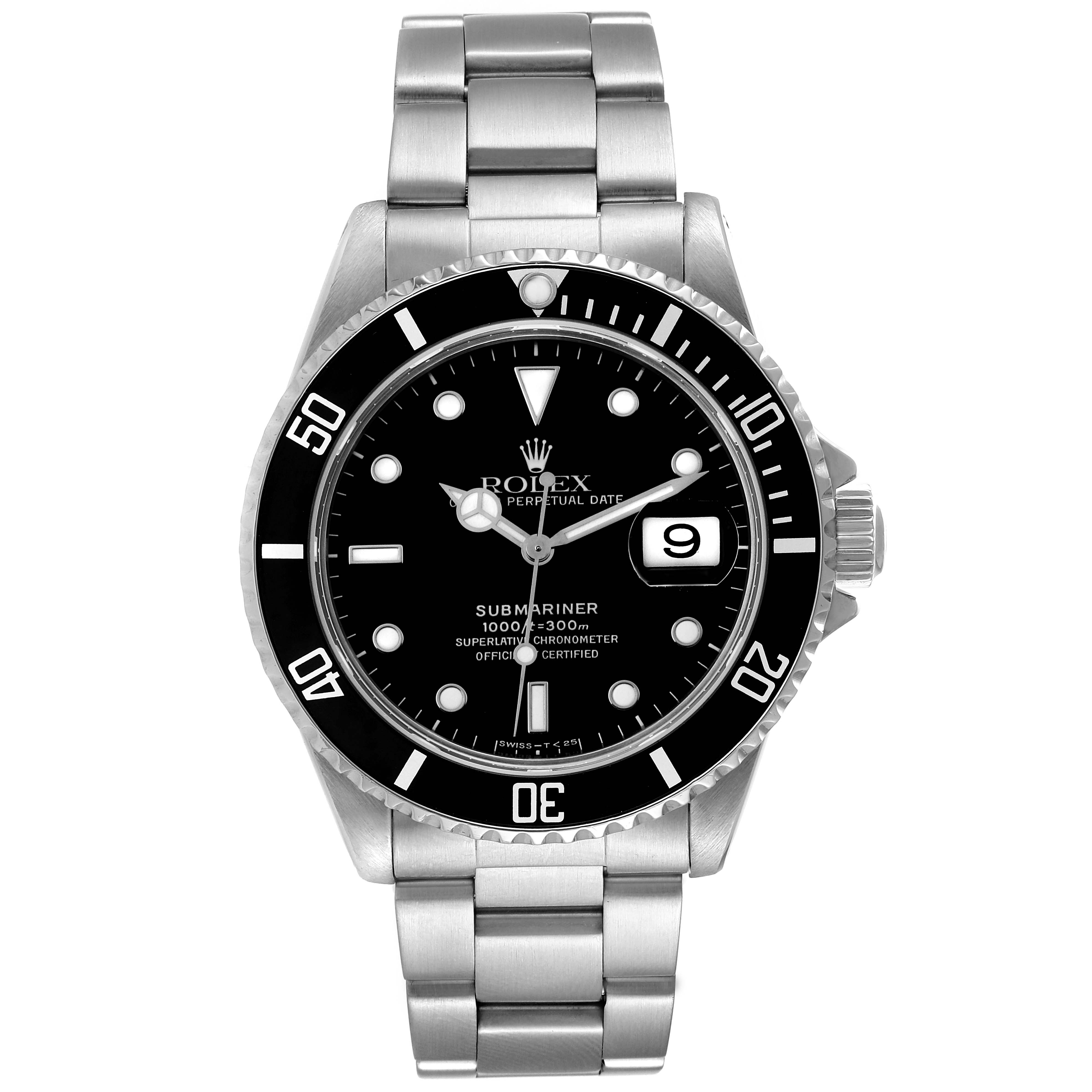 This is a front view of the Rolex Submariner 16610 Men
s Stainless Steel Black Dial 16610 Men
s Stainless Steel Black Dial watch, showing its stainless steel bracelet, black dial, and bezel with a date display.