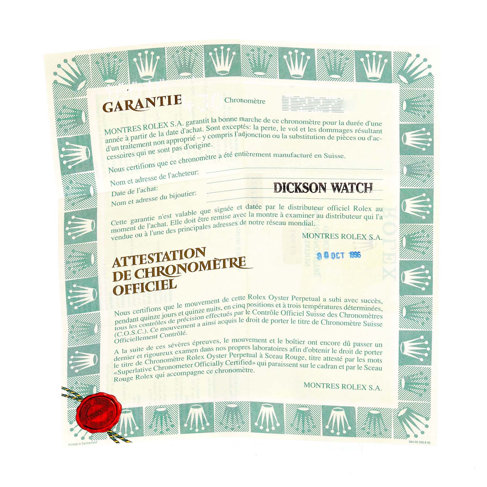 This image shows the warranty card for the Rolex Submariner 16610 Men
s Stainless Steel Black Dial 16610 Men
s Stainless Steel Black Dial watch.