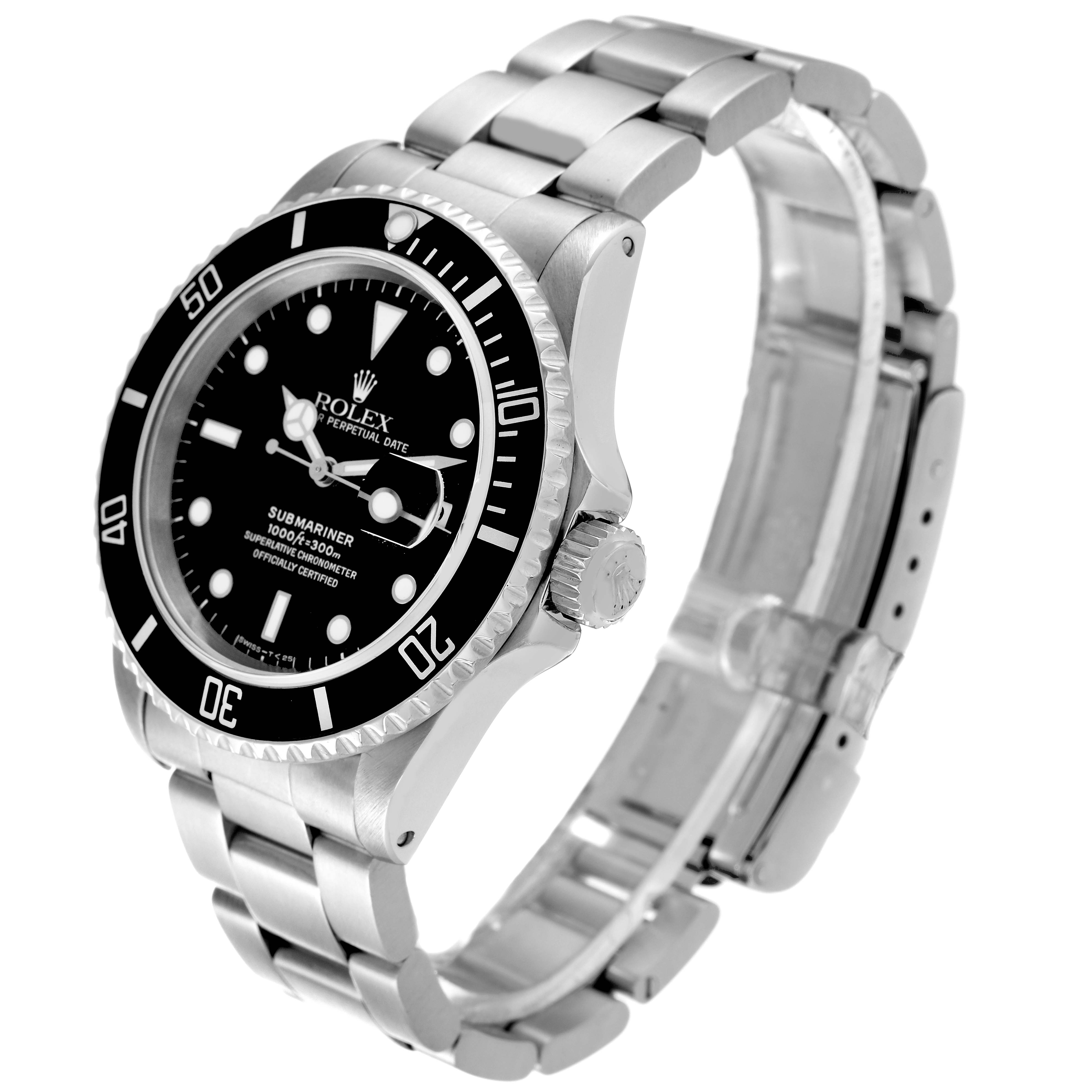 The image shows a Rolex Submariner 16610 Men
s Stainless Steel Black Dial 16610 Men
s Stainless Steel Black Dial watch at a three-quarter angle, highlighting the bezel, dial, bracelet, and clasp.
