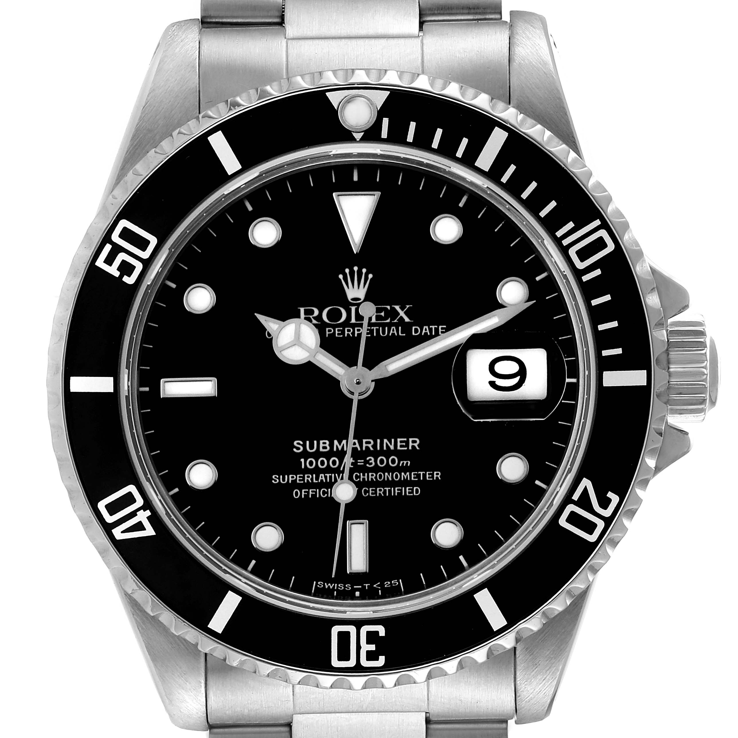 The image shows a front view of a Rolex Submariner 16610 Men
s Stainless Steel Black Dial 16610 Men
s Stainless Steel Black Dial watch highlighting the dial, bezel, crown, and part of the bracelet.