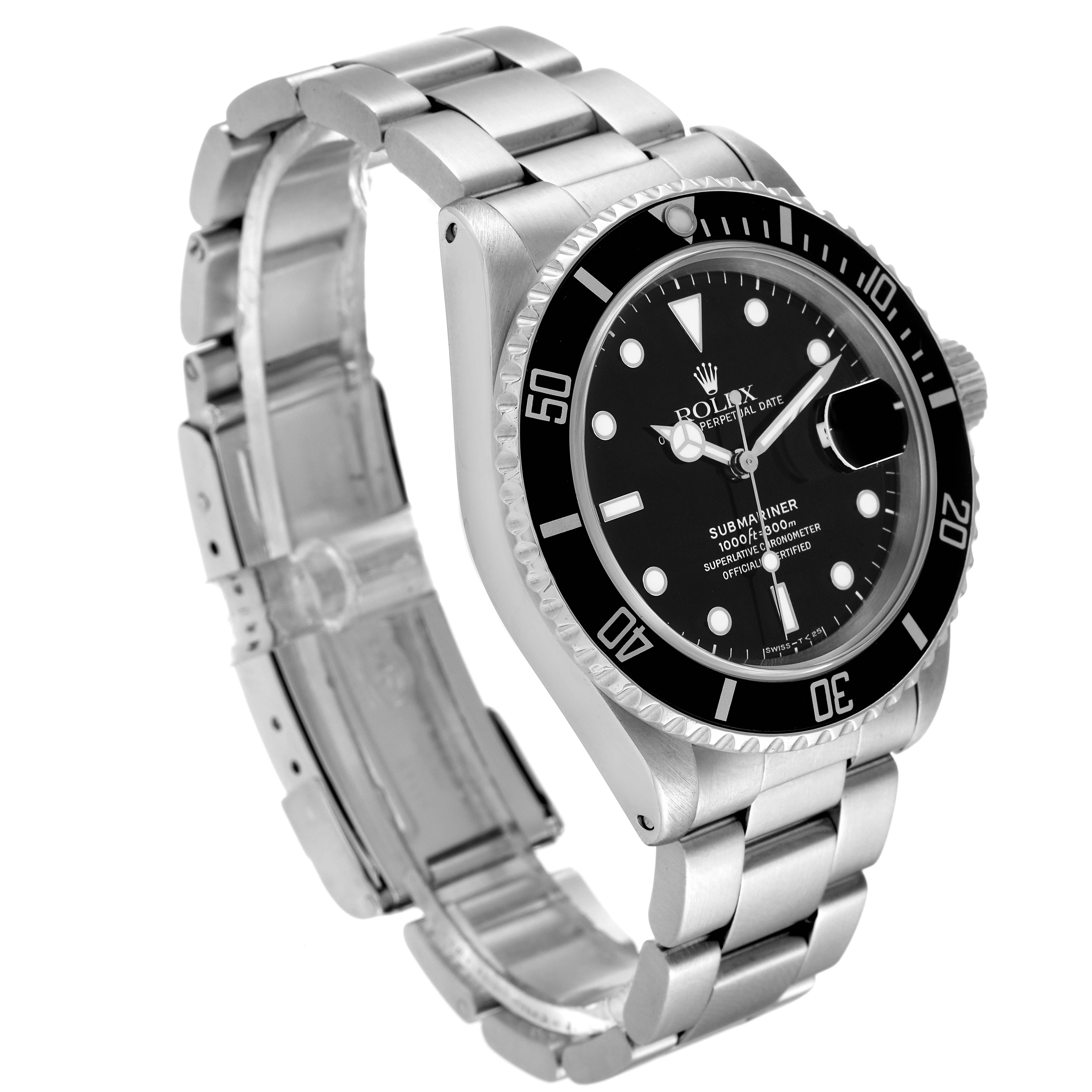 The image shows a side angle of the Rolex Submariner 16610 Men
s Stainless Steel Black Dial 16610 Men
s Stainless Steel Black Dial, highlighting the bracelet, bezel, dial, and crown.