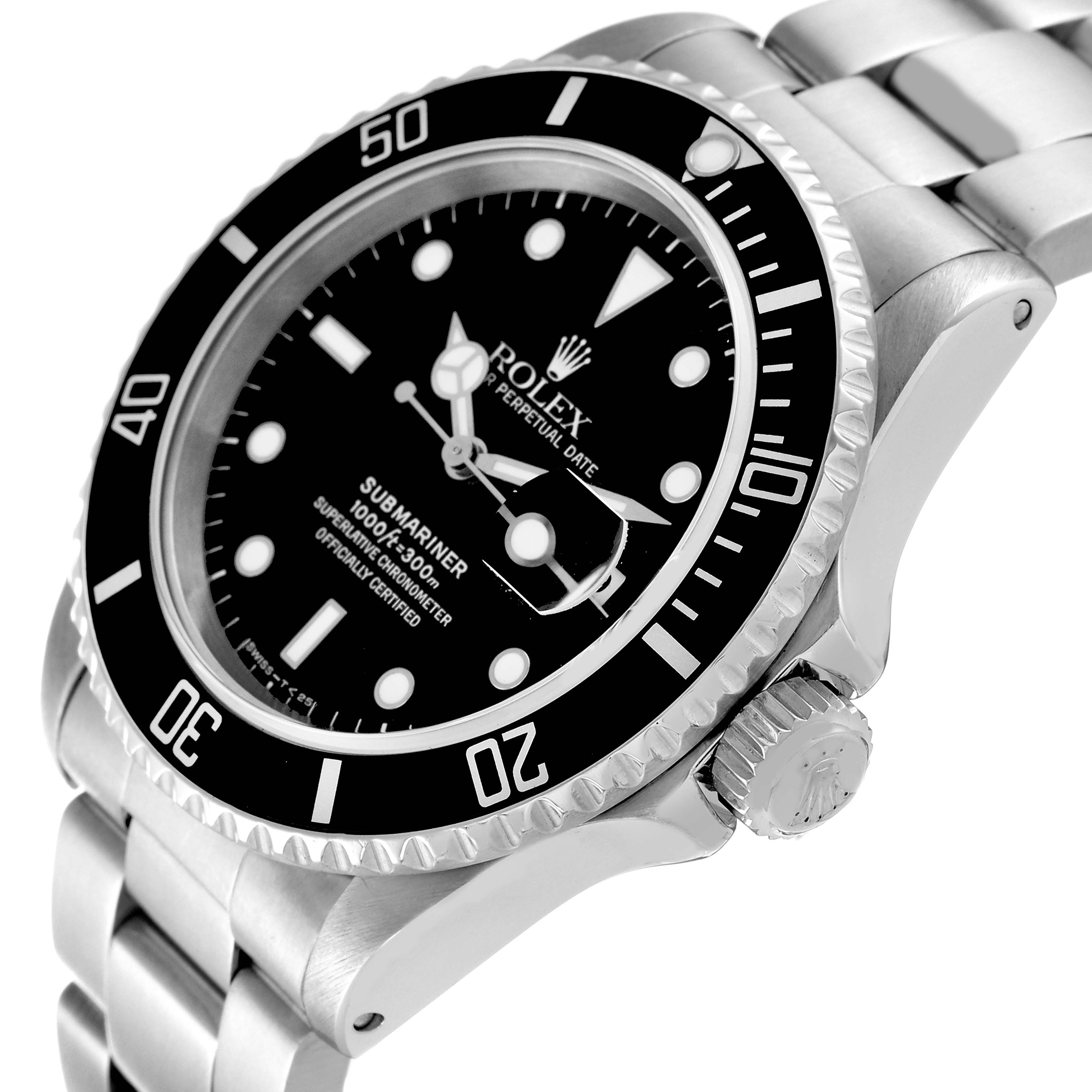 This image shows a side and partial front view of a Rolex Submariner 16610 Men
s Stainless Steel Black Dial 16610 Men
s Stainless Steel Black Dial watch, highlighting the bezel, dial, and bracelet.