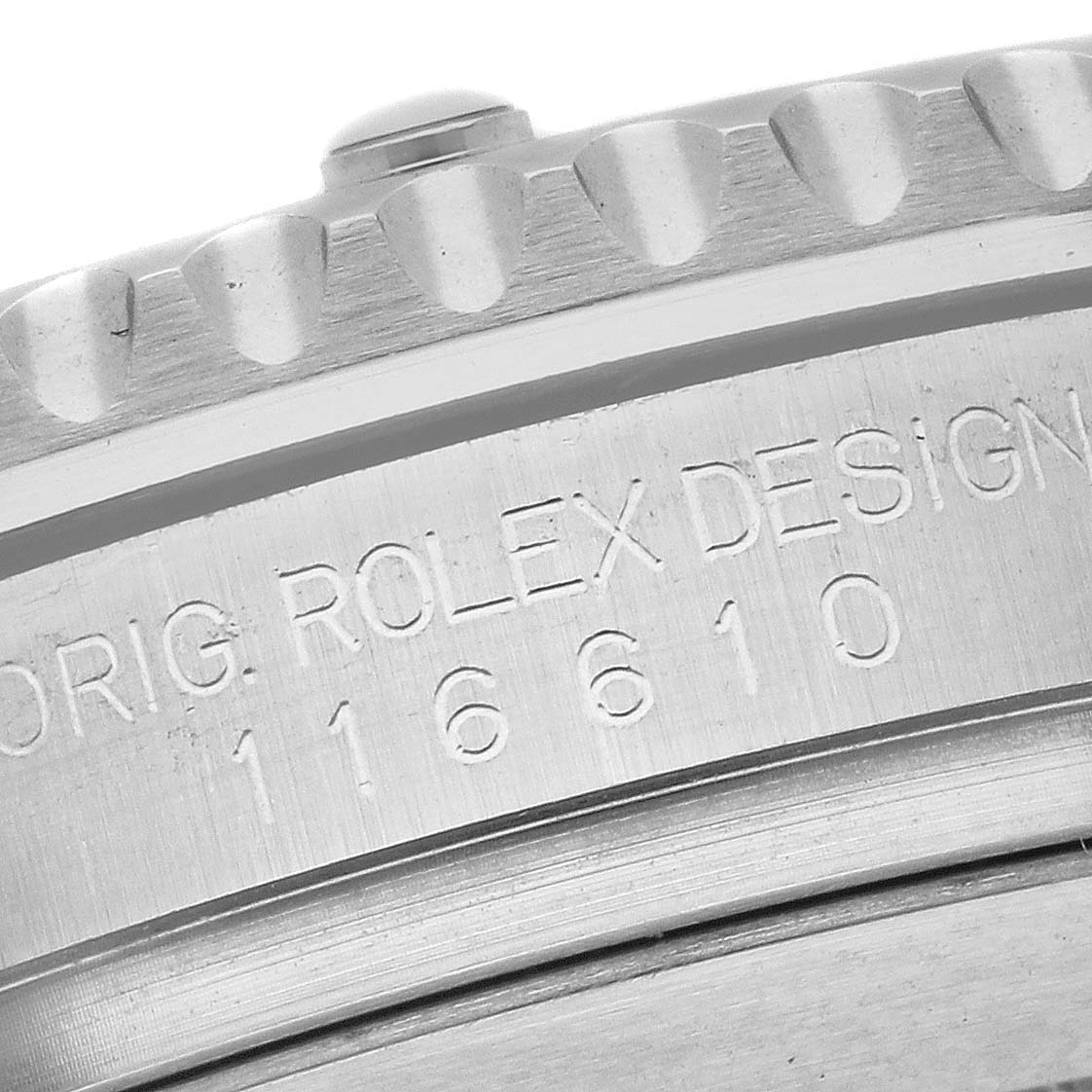 This image shows a close-up of the engraved bezel and case side of the Rolex Submariner 116610 Men
s Stainless Steel Black Dial 116610 Men
s Stainless Steel Black Dial model 116610.