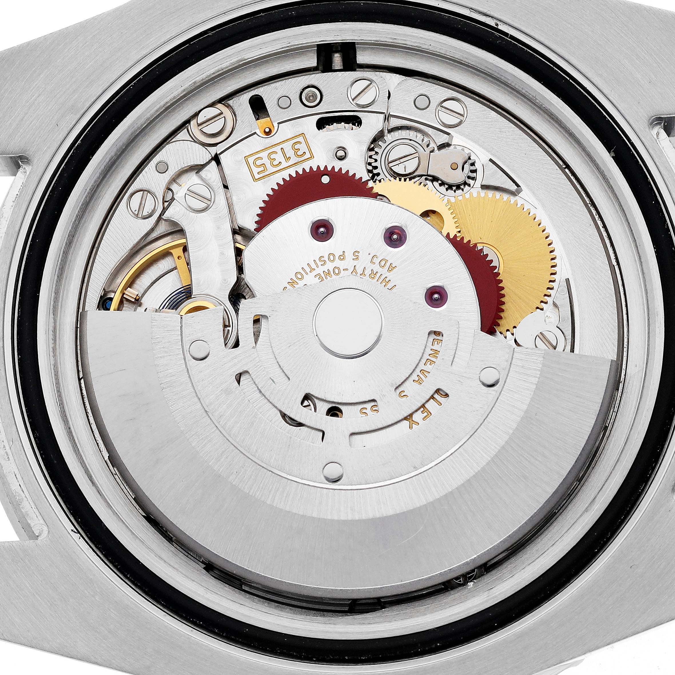 This image shows the internal mechanical movement of a Rolex Submariner 116610 Men
s Stainless Steel Black Dial 116610 Men
s Stainless Steel Black Dial watch from a top-down angle.