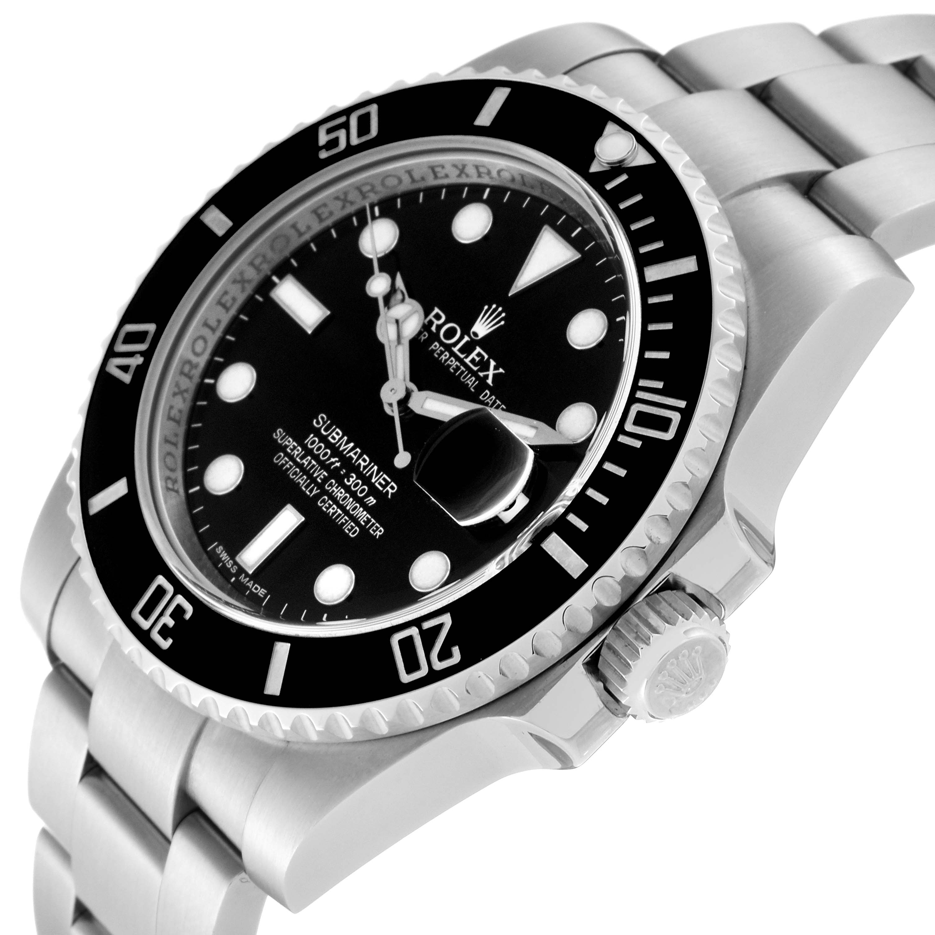 The image shows a Rolex Submariner 116610 Men
s Stainless Steel Black Dial 116610 Men
s Stainless Steel Black Dial watch at an angle highlighting the dial, bezel, crown, and bracelet.