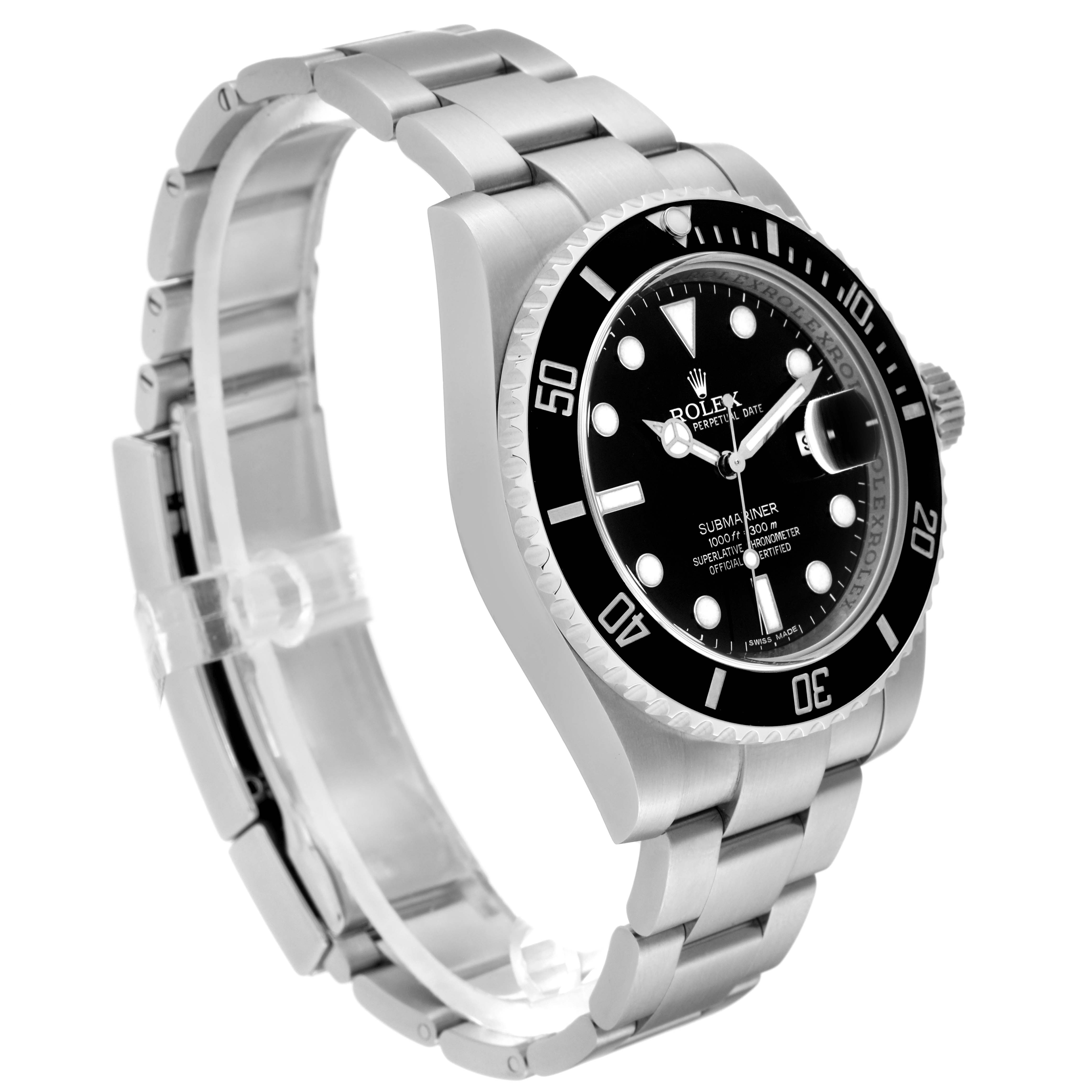 The image shows a side profile of the Rolex Submariner 116610 Men
s Stainless Steel Black Dial 116610 Men
s Stainless Steel Black Dial watch, displaying its bracelet, bezel, crown, and black dial.