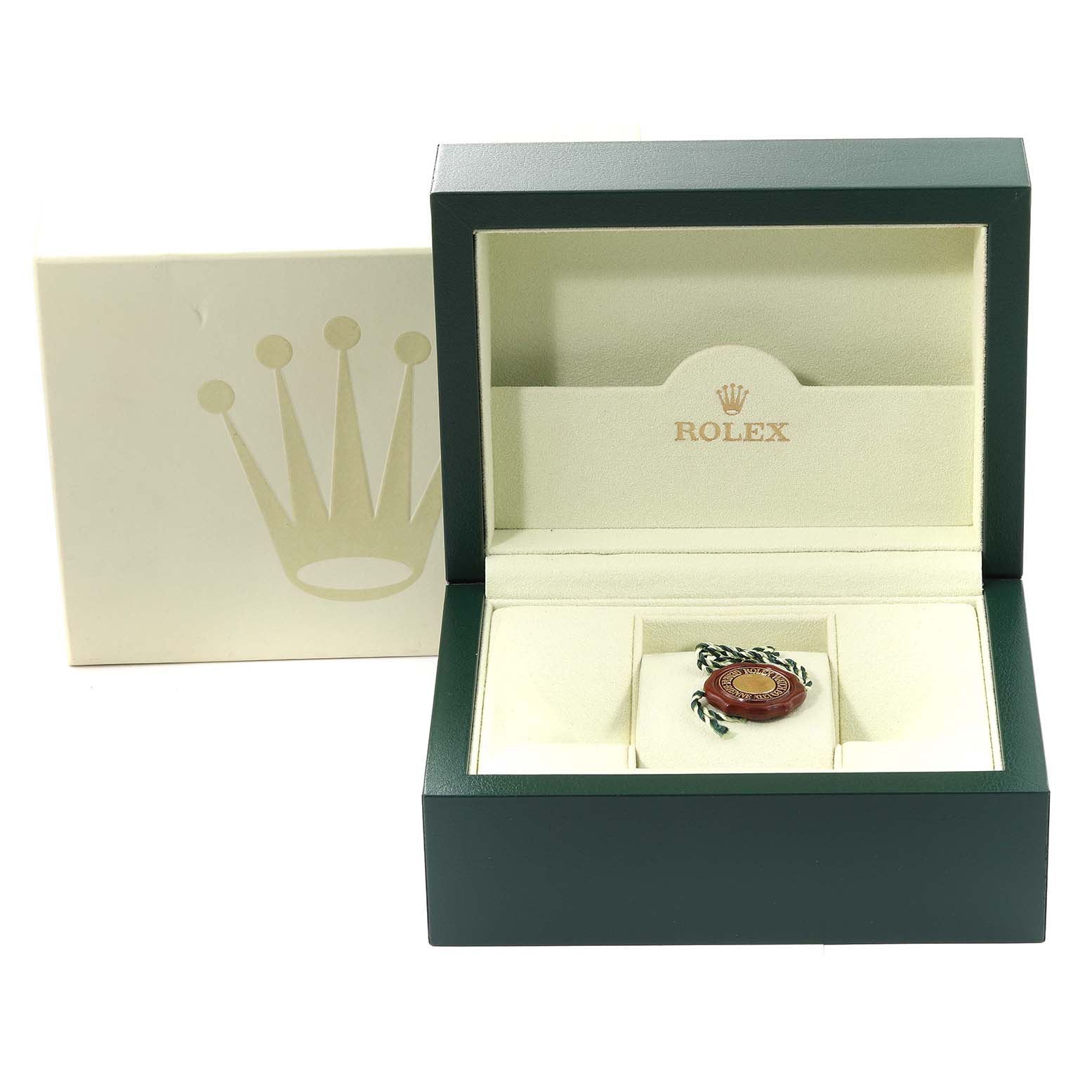 The image shows an open Rolex Submariner 116610 Men
s Stainless Steel Black Dial 116610 Men
s Stainless Steel Black Dial watch box with its outer box and a hang tag inside.