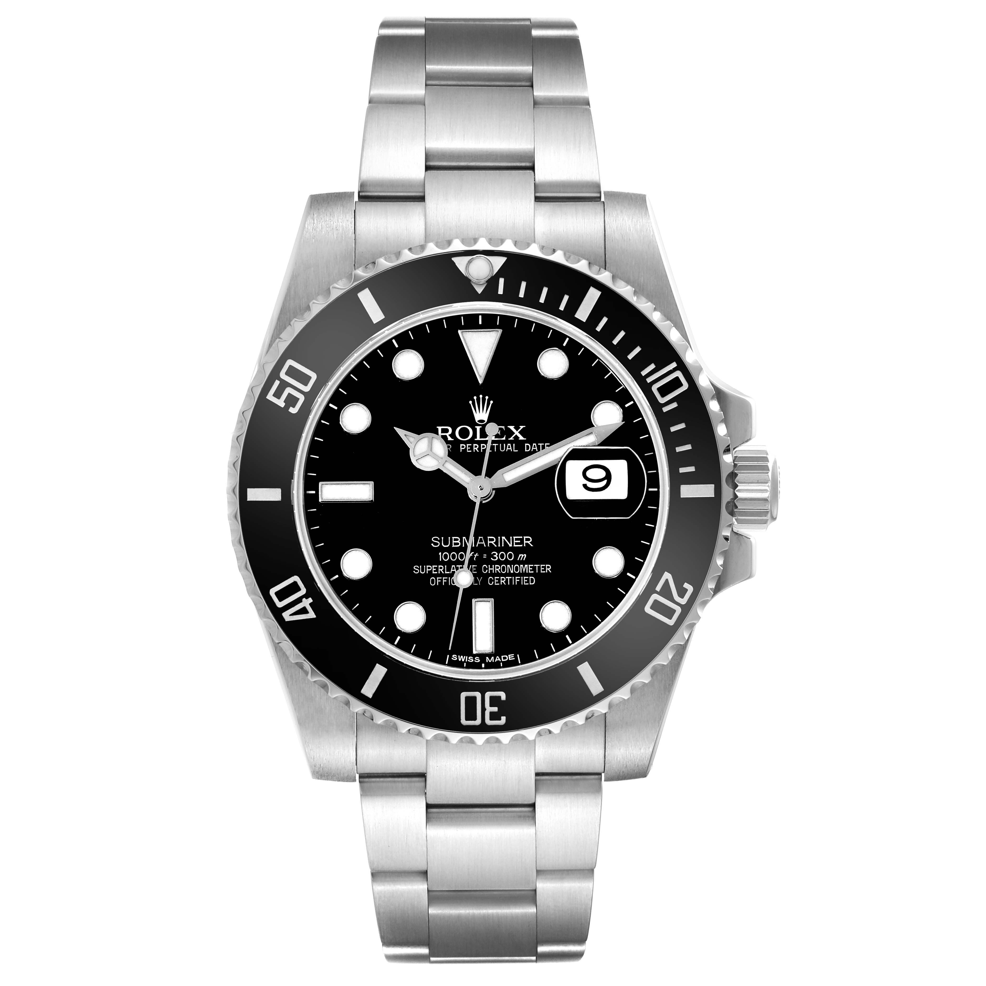 The image shows a Rolex Submariner 116610 Men
s Stainless Steel Black Dial 116610 Men
s Stainless Steel Black Dial watch from a front view, highlighting its dial, bezel, bracelet, and date display.