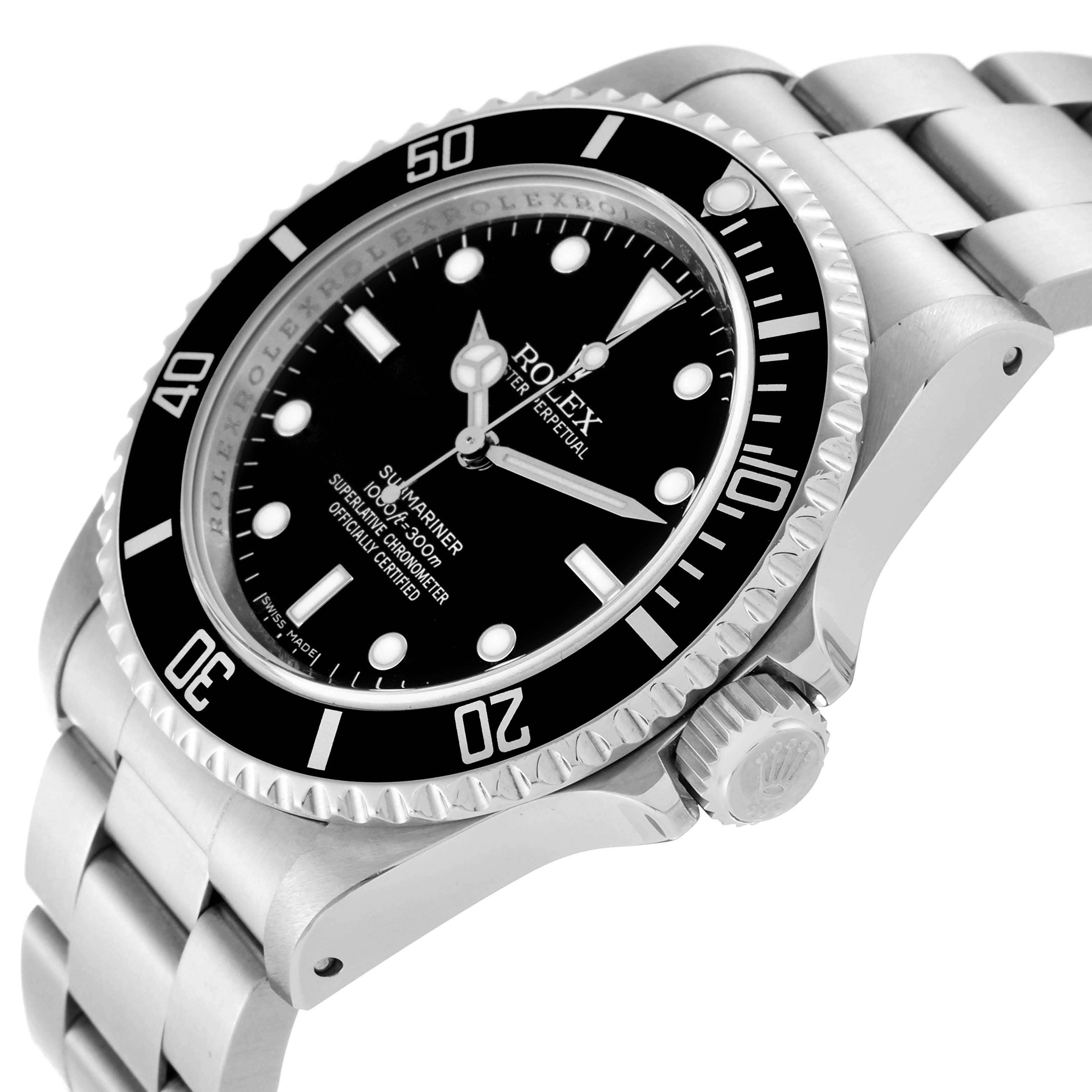 The image shows a side view of the Rolex Submariner 14060M Men
s Stainless Steel Black Dial 14060M Men
s Stainless Steel Black Dial, highlighting the stainless steel bracelet, crown, and black bezel with markers.