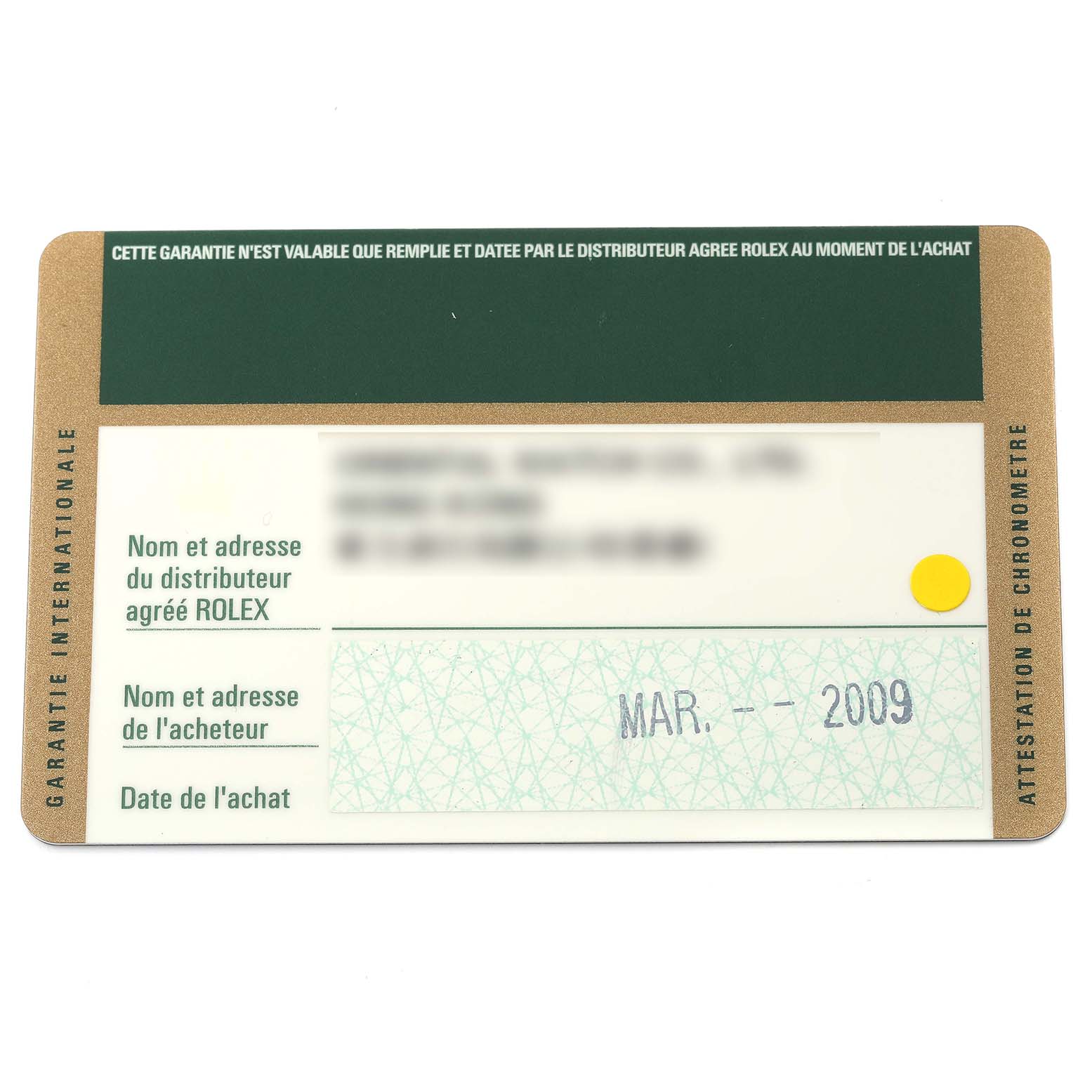 This image shows the warranty card for a Rolex Submariner 14060M Men
s Stainless Steel Black Dial 14060M Men
s Stainless Steel Black Dial watch, displaying purchase information.