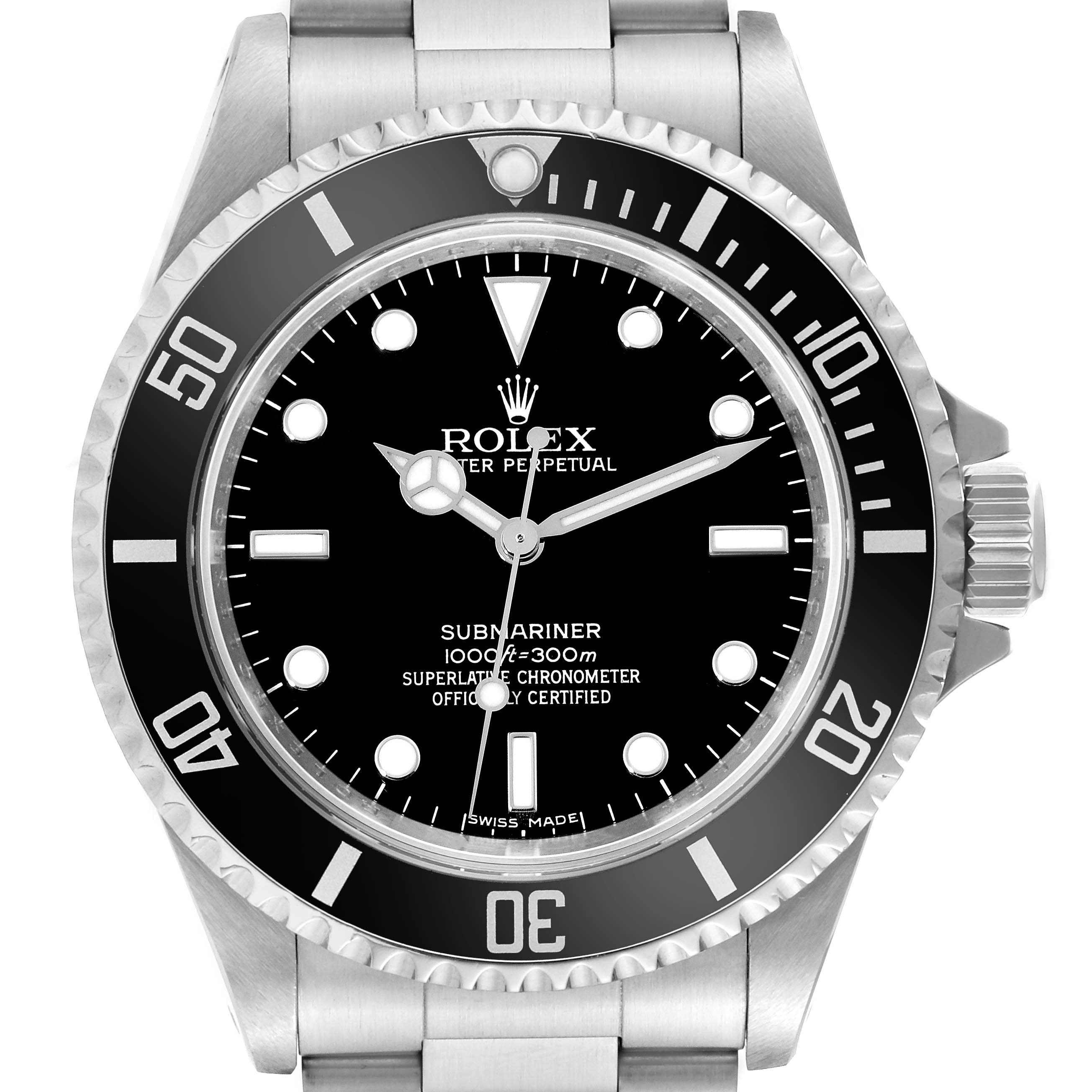The image shows a frontal view of a Rolex Submariner 14060M Men
s Stainless Steel Black Dial 14060M Men
s Stainless Steel Black Dial watch, highlighting the dial, bezel, and part of the stainless steel bracelet.
