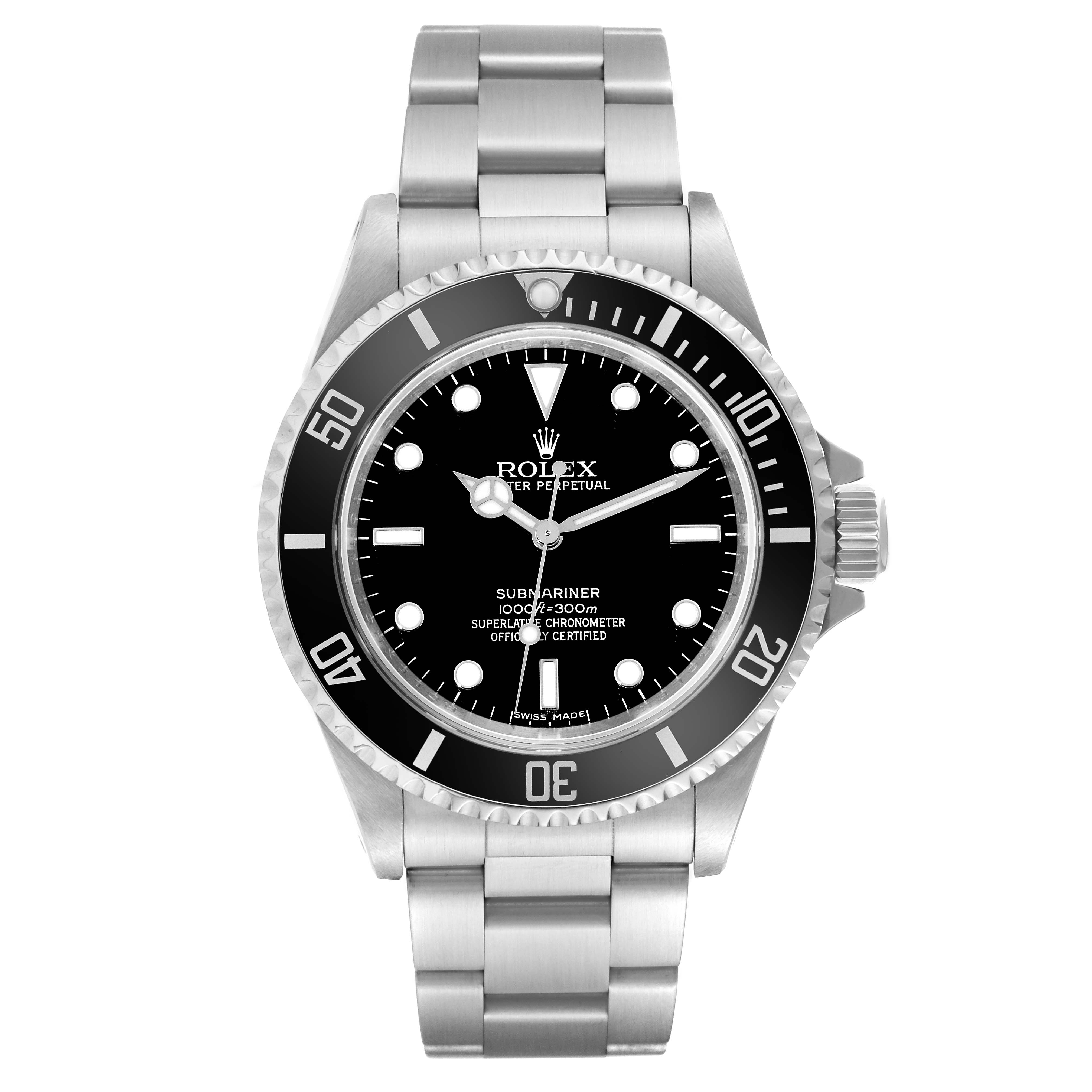 The image shows a front view of a Rolex Submariner 14060M Men
s Stainless Steel Black Dial 14060M Men
s Stainless Steel Black Dial watch, displaying the dial, bezel, and metal bracelet.