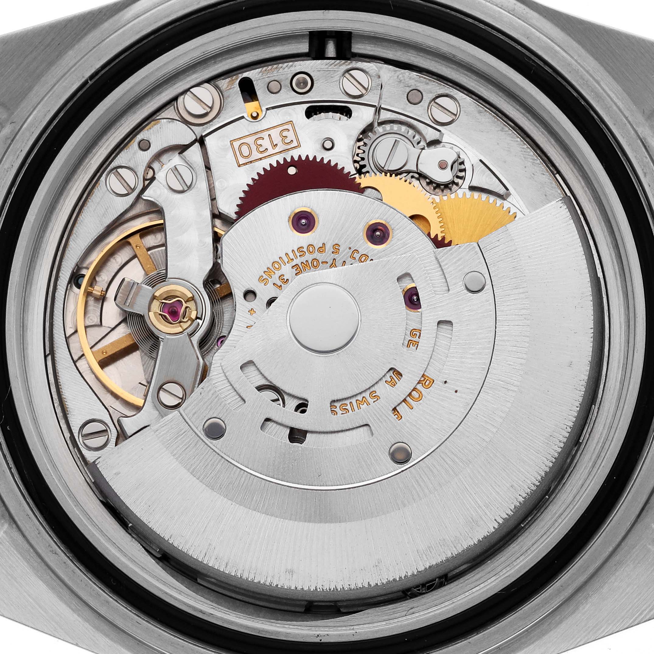 The image shows the internal mechanical movement of a Rolex Submariner 14060M Men
s Stainless Steel Black Dial 14060M Men
s Stainless Steel Black Dial watch viewed from the back.