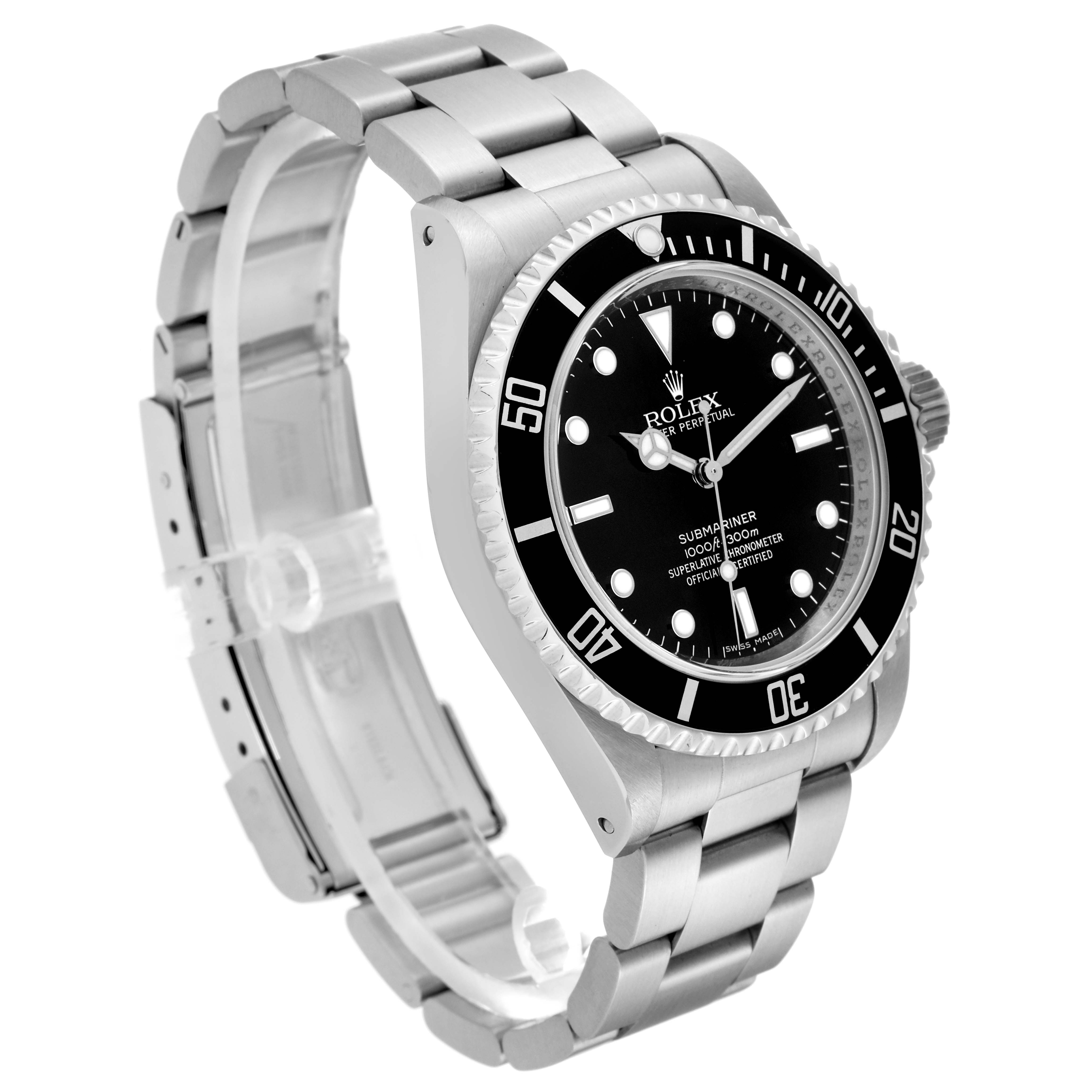 The image shows a side angle of a Rolex Submariner 14060M Men
s Stainless Steel Black Dial 14060M Men
s Stainless Steel Black Dial watch, displaying the bracelet, bezel, and face.