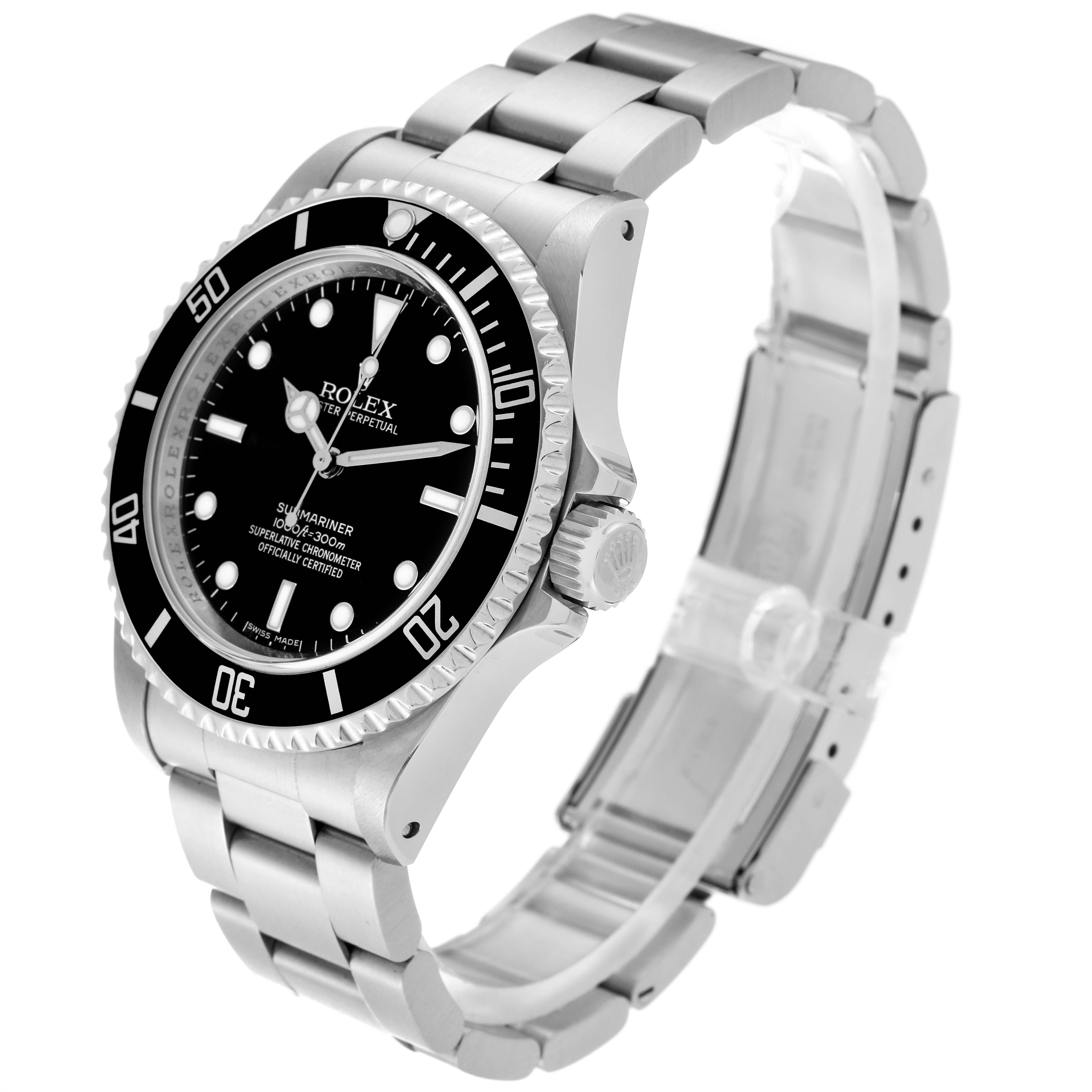 This image shows a side angle of a Rolex Submariner 14060M Men
s Stainless Steel Black Dial 14060M Men
s Stainless Steel Black Dial, displaying the watch face, bezel, and bracelet.