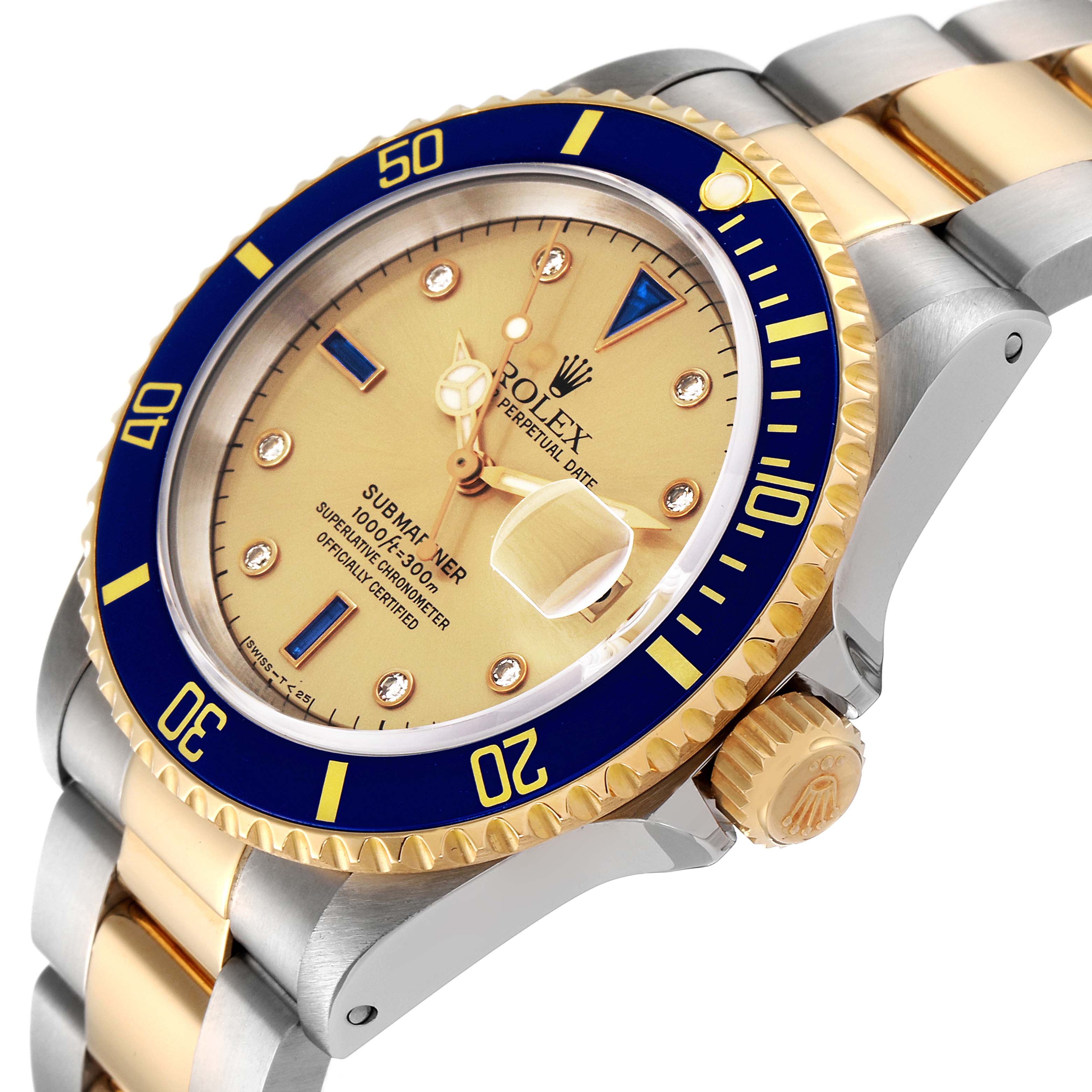 This angled image shows the Rolex Submariner 16613 Men's Steel and Gold (two tone) Champagne Dial 16613 Men's Steel and Gold (two tone) Champagne Dial watch's face, bezel, crown, and part of the two-tone bracelet.