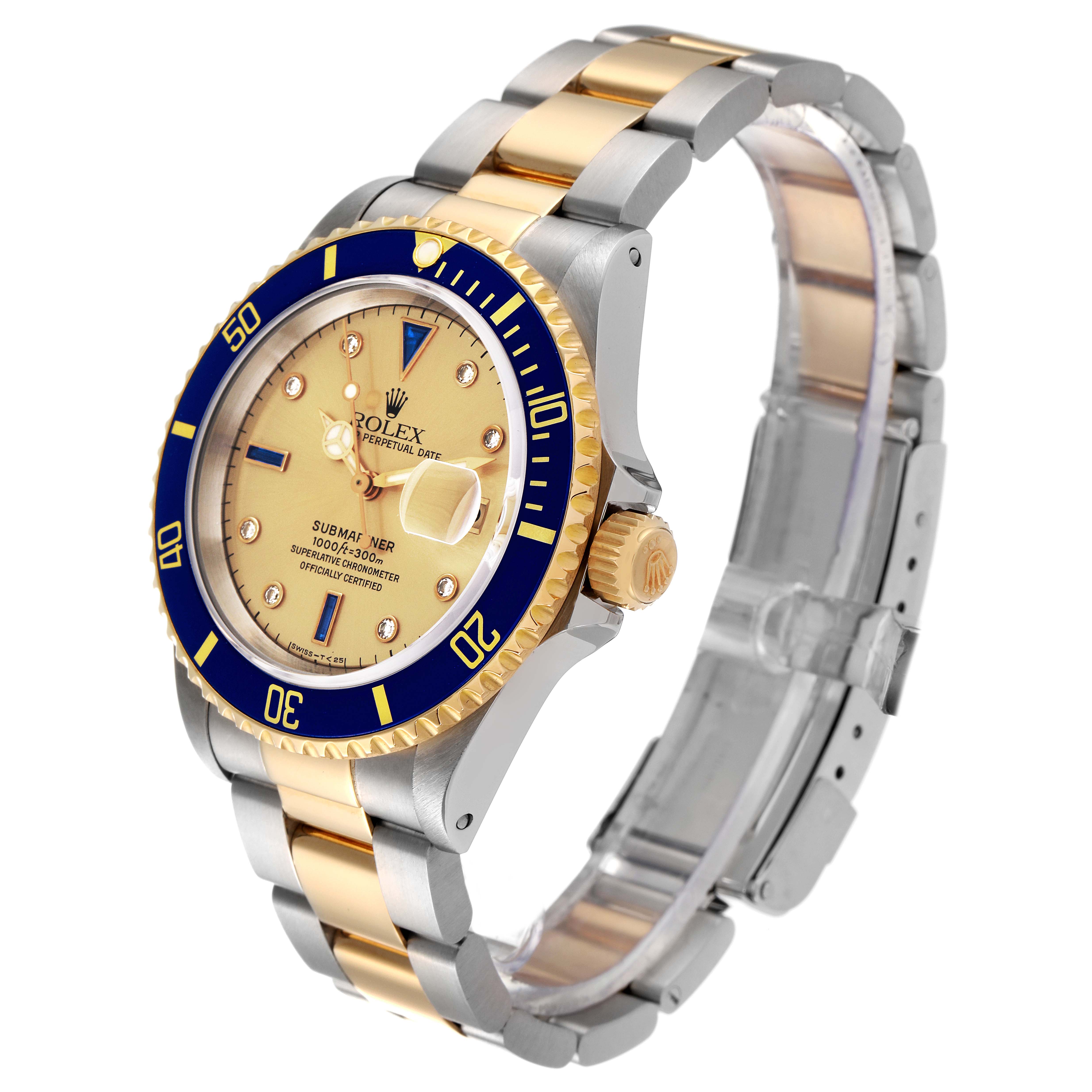 This Rolex Submariner 16613 Men's Steel and Gold (two tone) Champagne Dial 16613 Men's Steel and Gold (two tone) Champagne Dial watch is shown at a three-quarter angle, showcasing the gold bezel, dial, and two-tone metal bracelet.