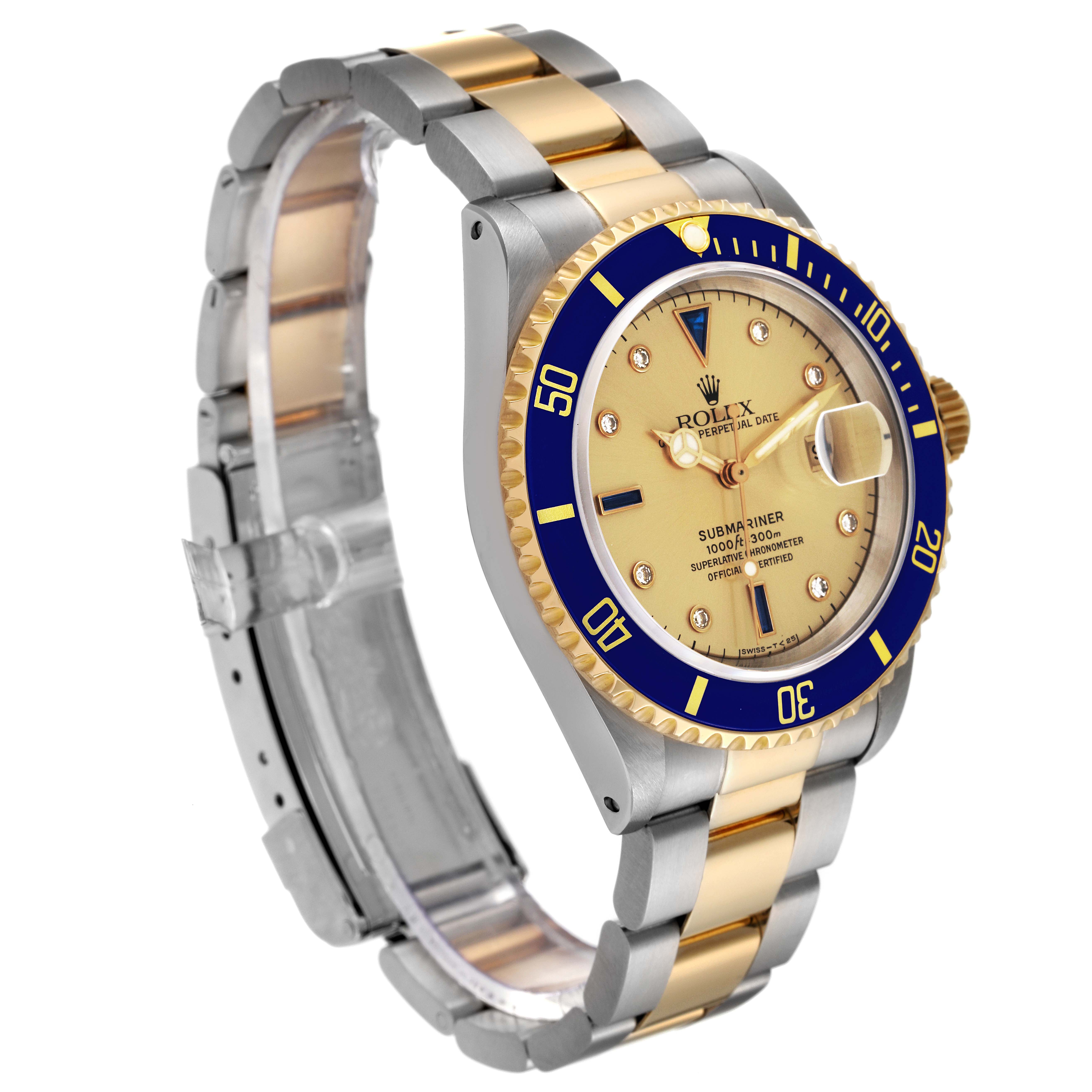 This image shows a side angle view of a Rolex Submariner 16613 Men's Steel and Gold (two tone) Champagne Dial 16613 Men's Steel and Gold (two tone) Champagne Dial watch, highlighting its two-tone bracelet and blue bezel.