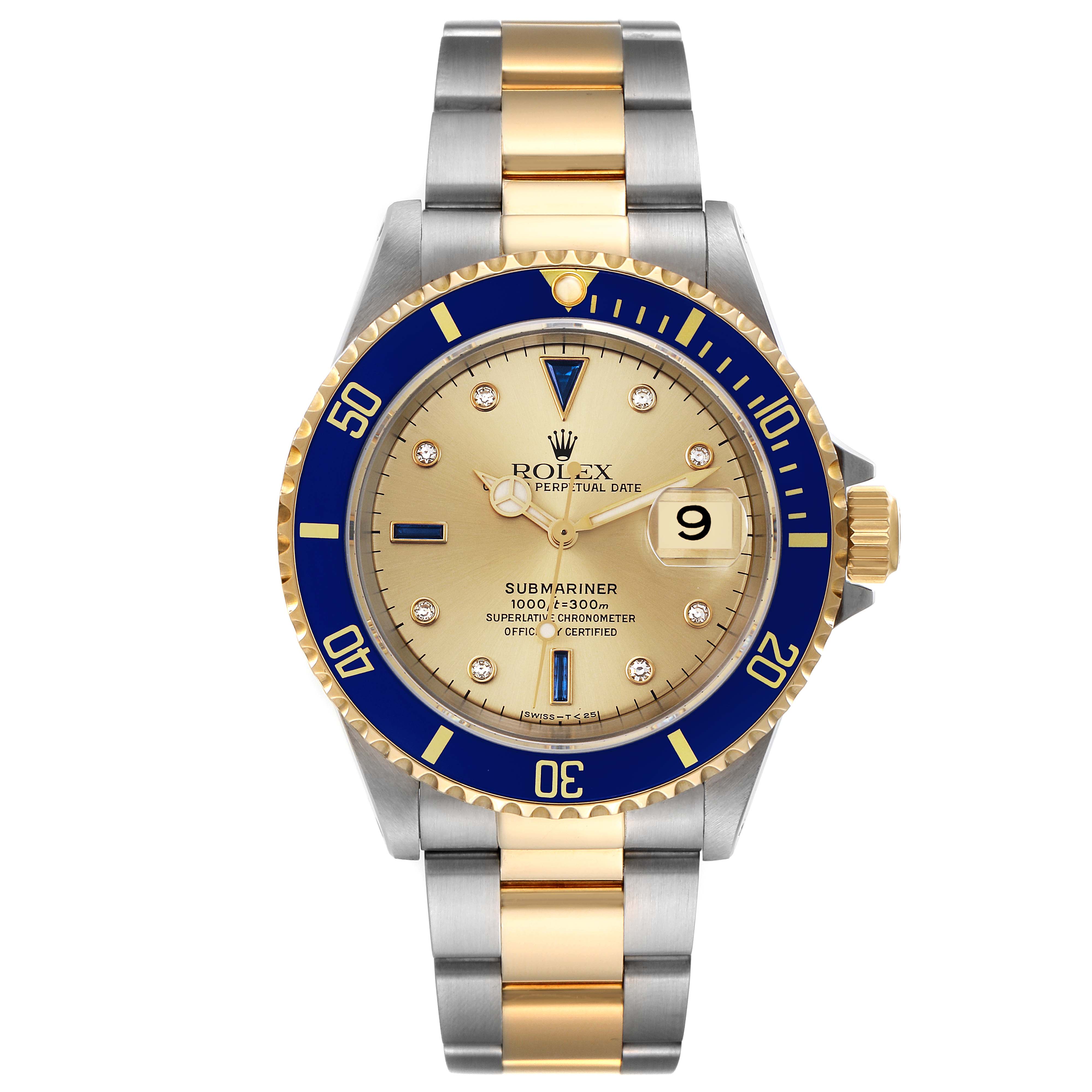 The image shows a front view of the Rolex Submariner 16613 Men's Steel and Gold (two tone) Champagne Dial 16613 Men's Steel and Gold (two tone) Champagne Dial watch, highlighting its gold and silver band, blue bezel, and champagne dial.
