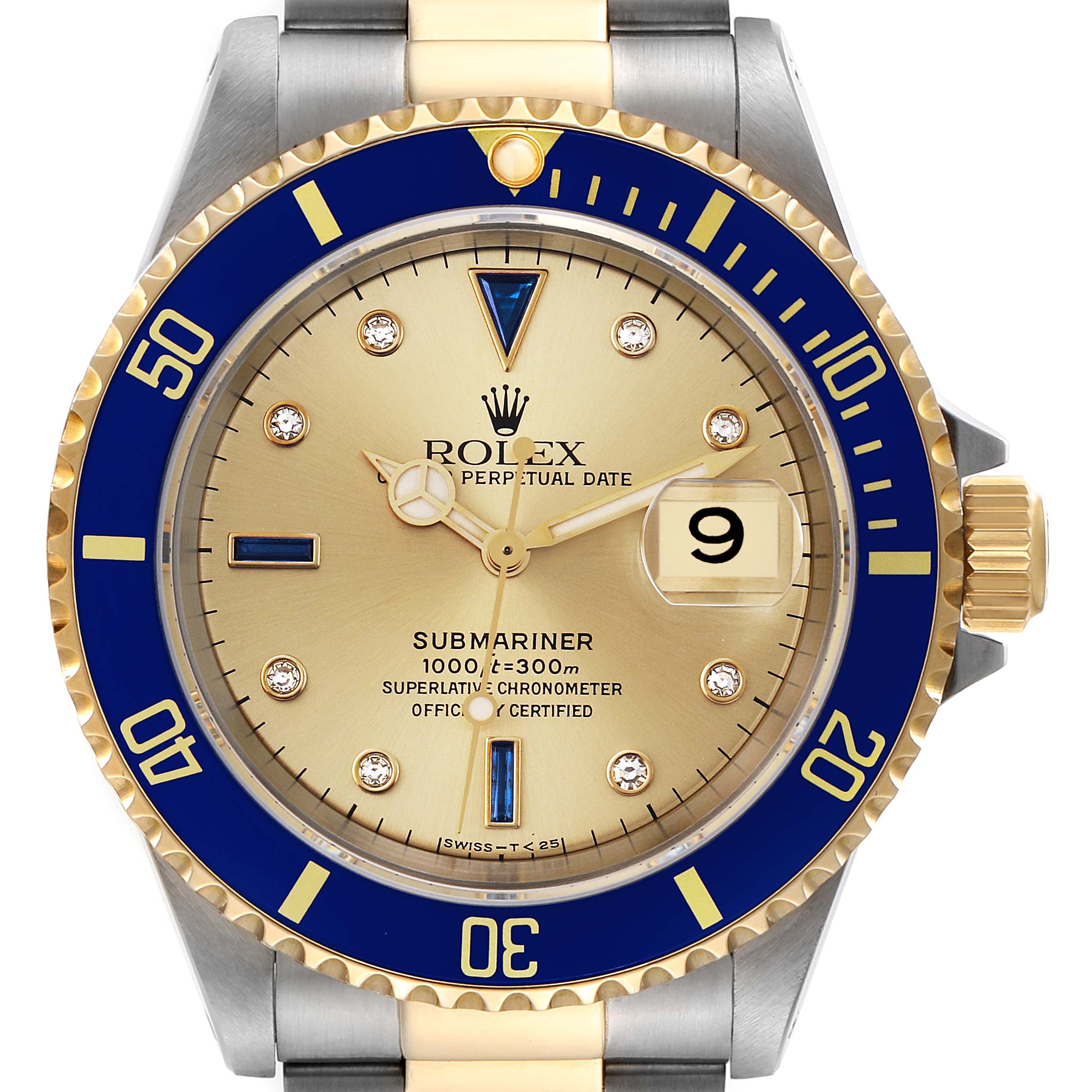 The image shows a front view of a Rolex Submariner 16613 Men's Steel and Gold (two tone) Champagne Dial 16613 Men's Steel and Gold (two tone) Champagne Dial watch displaying the dial, bezel, and part of the bracelet.