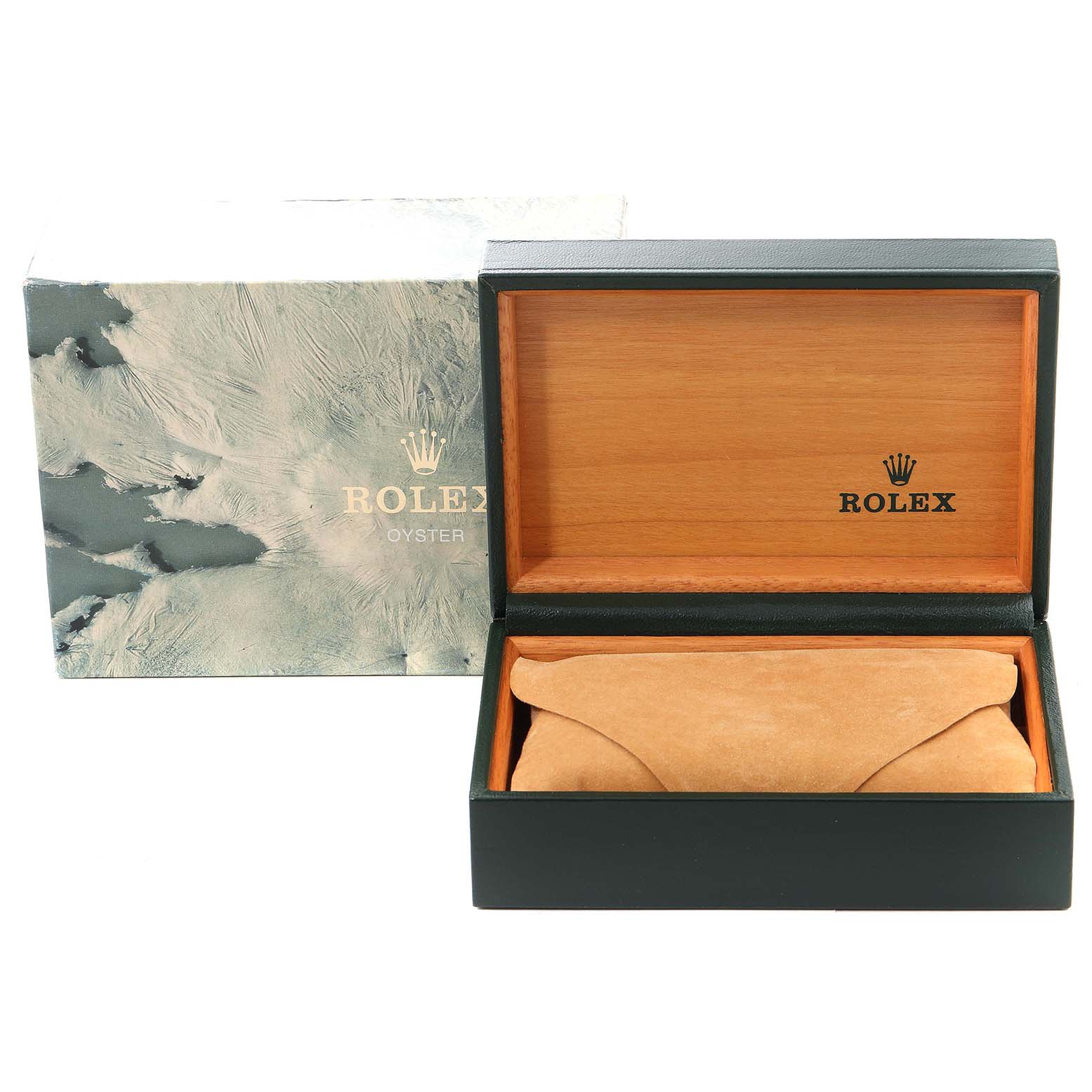 The image shows the storage box and outer box for a Rolex Submariner 16613 Men's Steel and Gold (two tone) Champagne Dial 16613 Men's Steel and Gold (two tone) Champagne Dial, with the storage box open and a suede pouch inside.