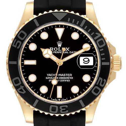 The Rolex Yacht-Master 226658 Men's Yellow Gold Beige Dial watch is shown from the front, highlighting the black dial, gold hands, bezel, and a visible date window.