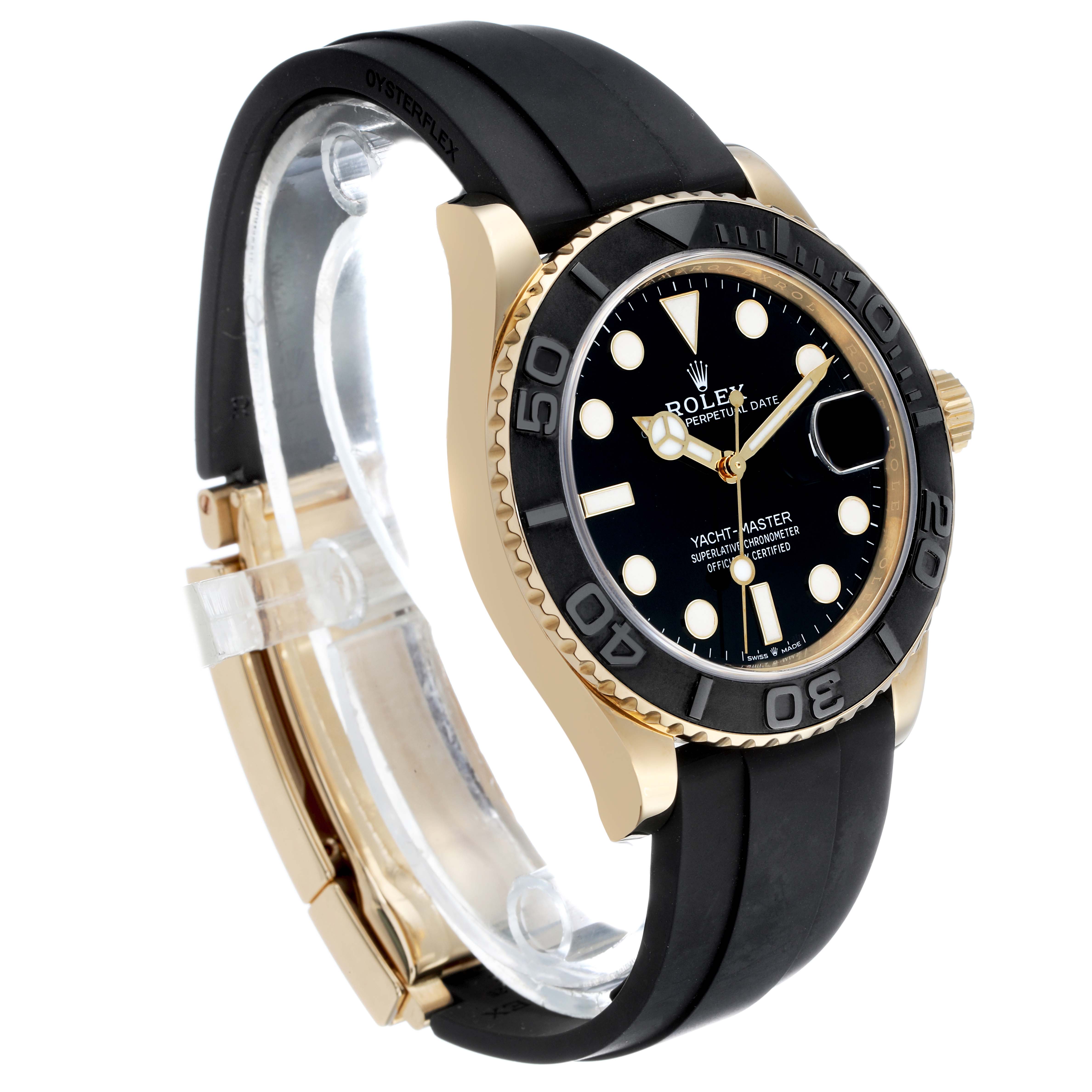 The Rolex Yacht-Master 226658 Men's Yellow Gold Beige Dial watch is shown at a side angle, displaying its black dial, gold case, and black rubber strap.