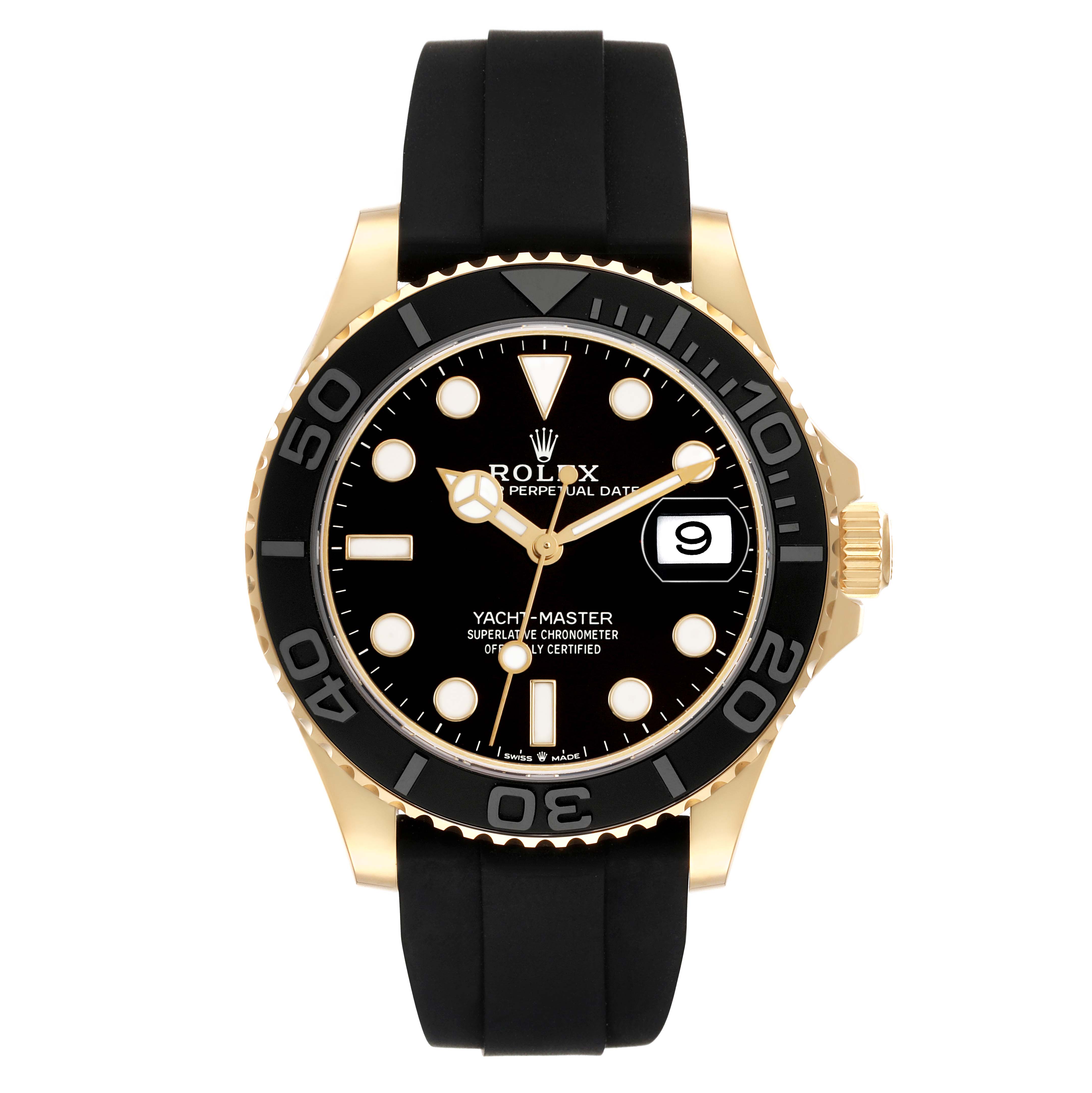 The Rolex Yacht-Master 226658 Men's Yellow Gold Beige Dial watch is shown from the front, featuring its black dial, date function, and rubber strap.