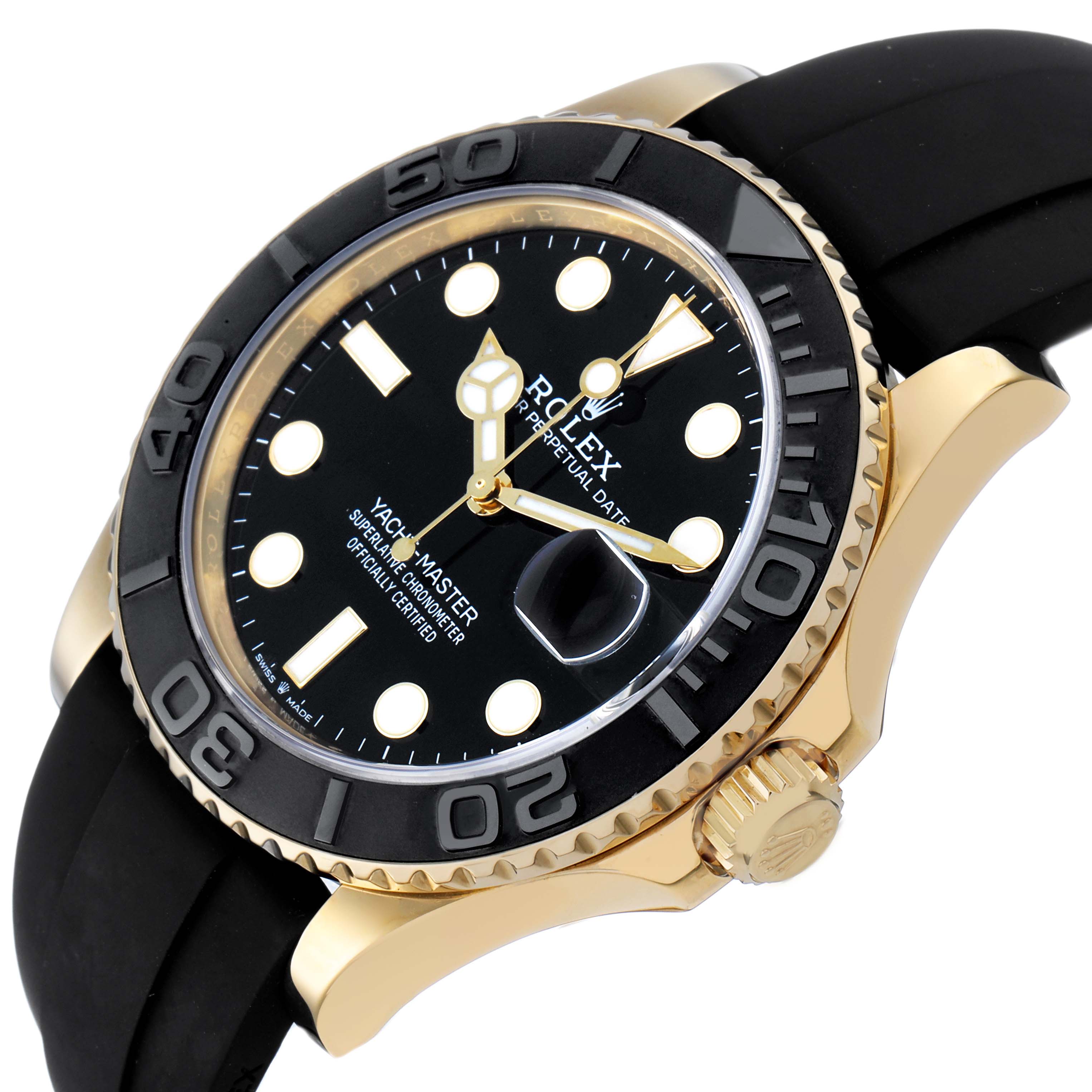 The Rolex Yacht-Master 226658 Men's Yellow Gold Beige Dial watch is shown at an angled side view, highlighting the black dial, bezel, and gold case.