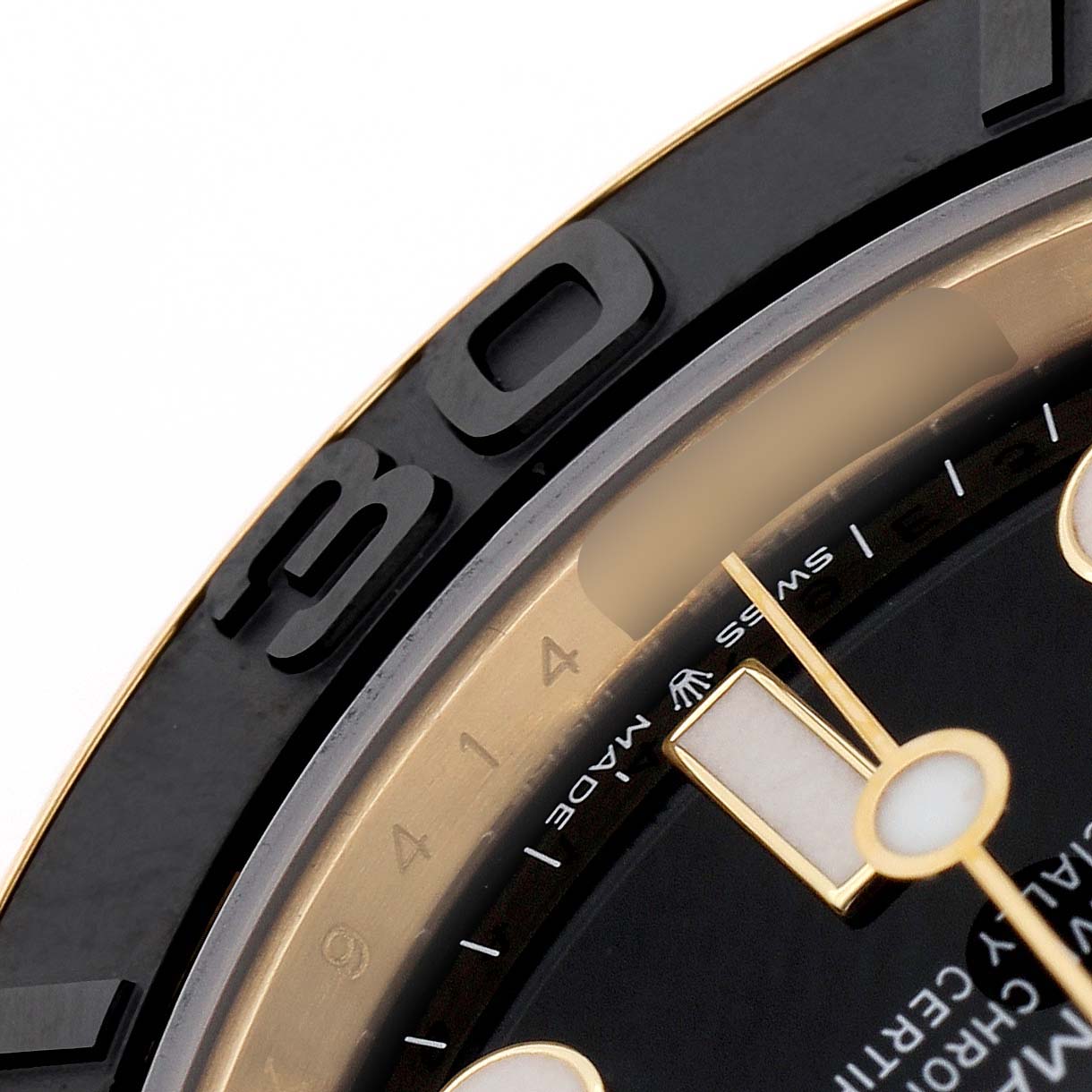 The image shows a close-up of the bezel and dial of a Rolex Yacht-Master 226658 Men's Yellow Gold Beige Dial, highlighting the "30" marker.