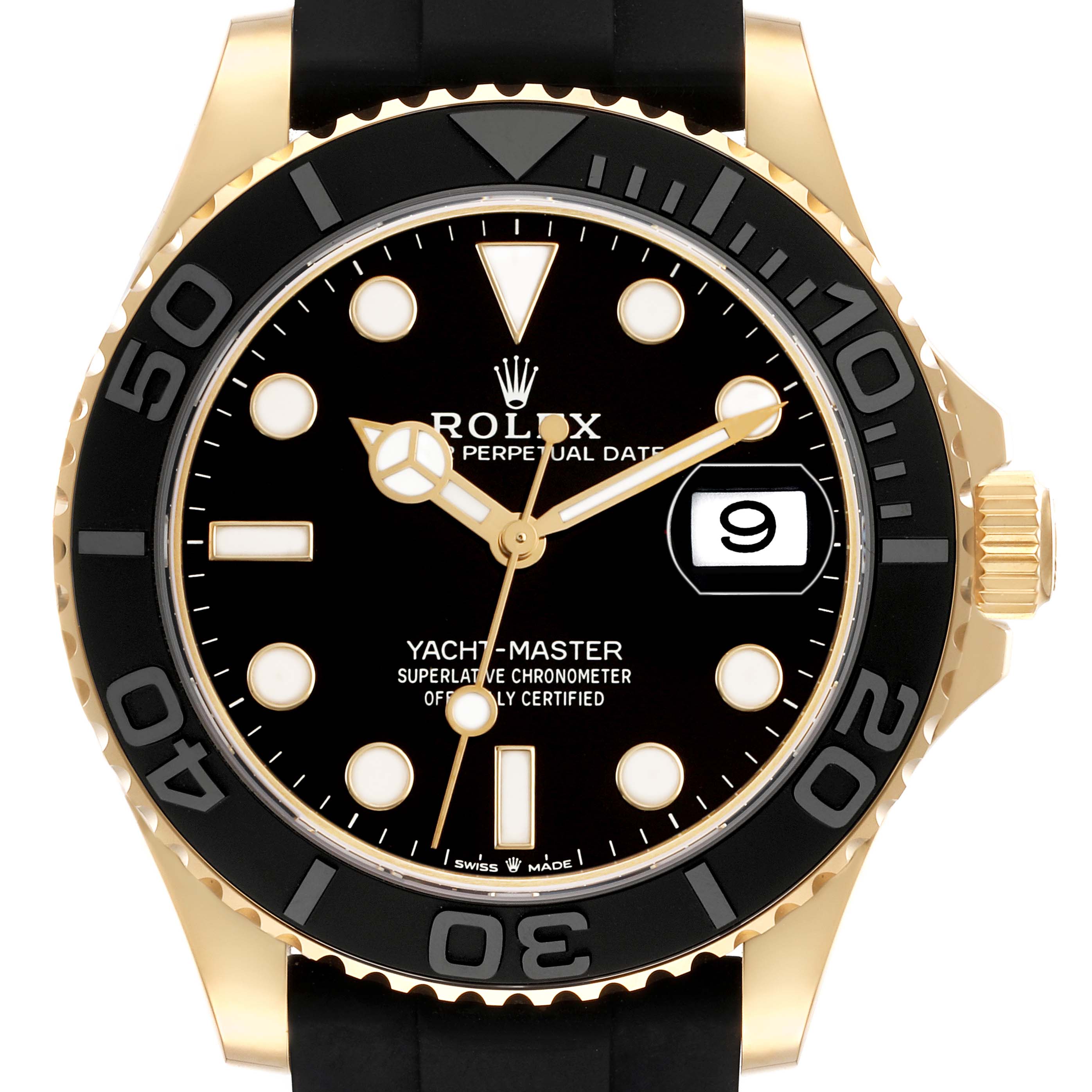 The Rolex Yacht-Master 226658 Men's Yellow Gold Beige Dial watch is shown from a front angle, highlighting its black dial, gold bezel, and date display.