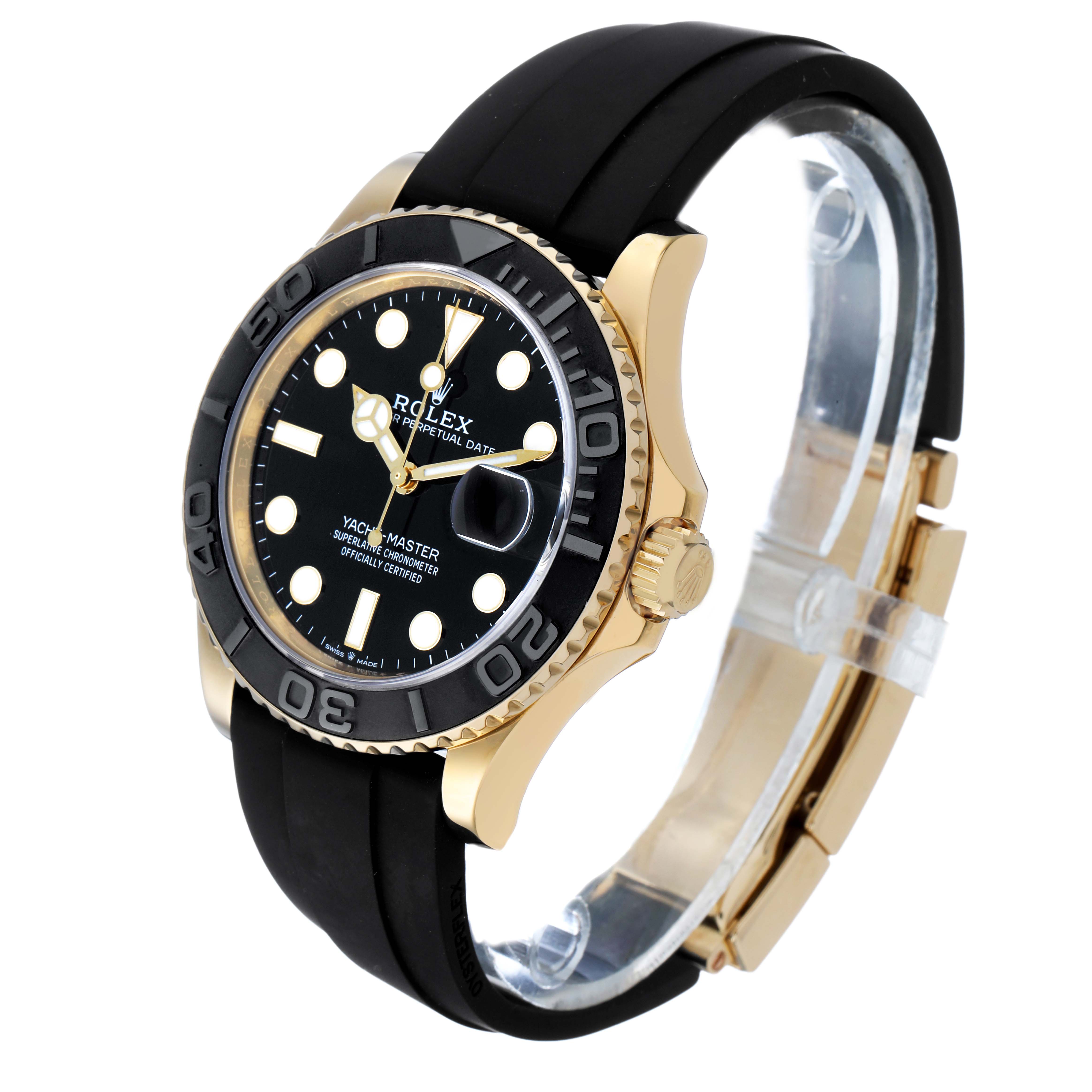 The Rolex Yacht-Master 226658 Men's Yellow Gold Beige Dial watch is shown at a three-quarter angle, highlighting the bezel, dial, and Oysterflex bracelet.