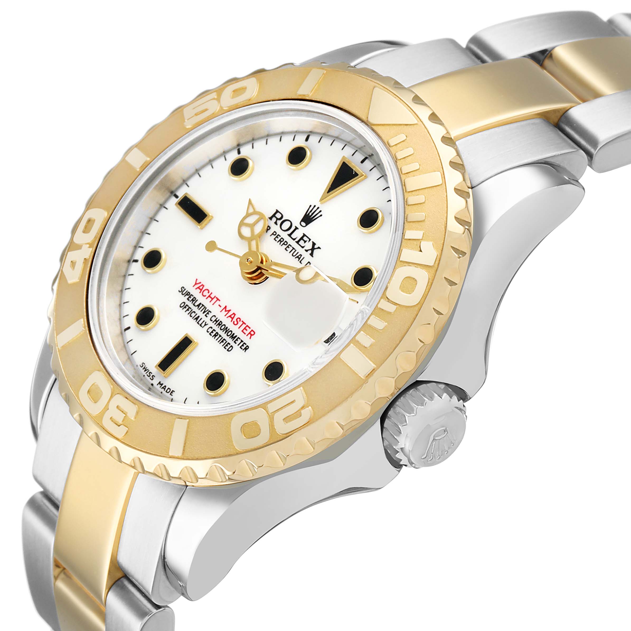 The Rolex Yacht-Master 169623 Women's Steel and Gold (two tone) White Dial is shown at a three-quarter angle, highlighting the gold bezel, dial, crown, and part of the bracelet.