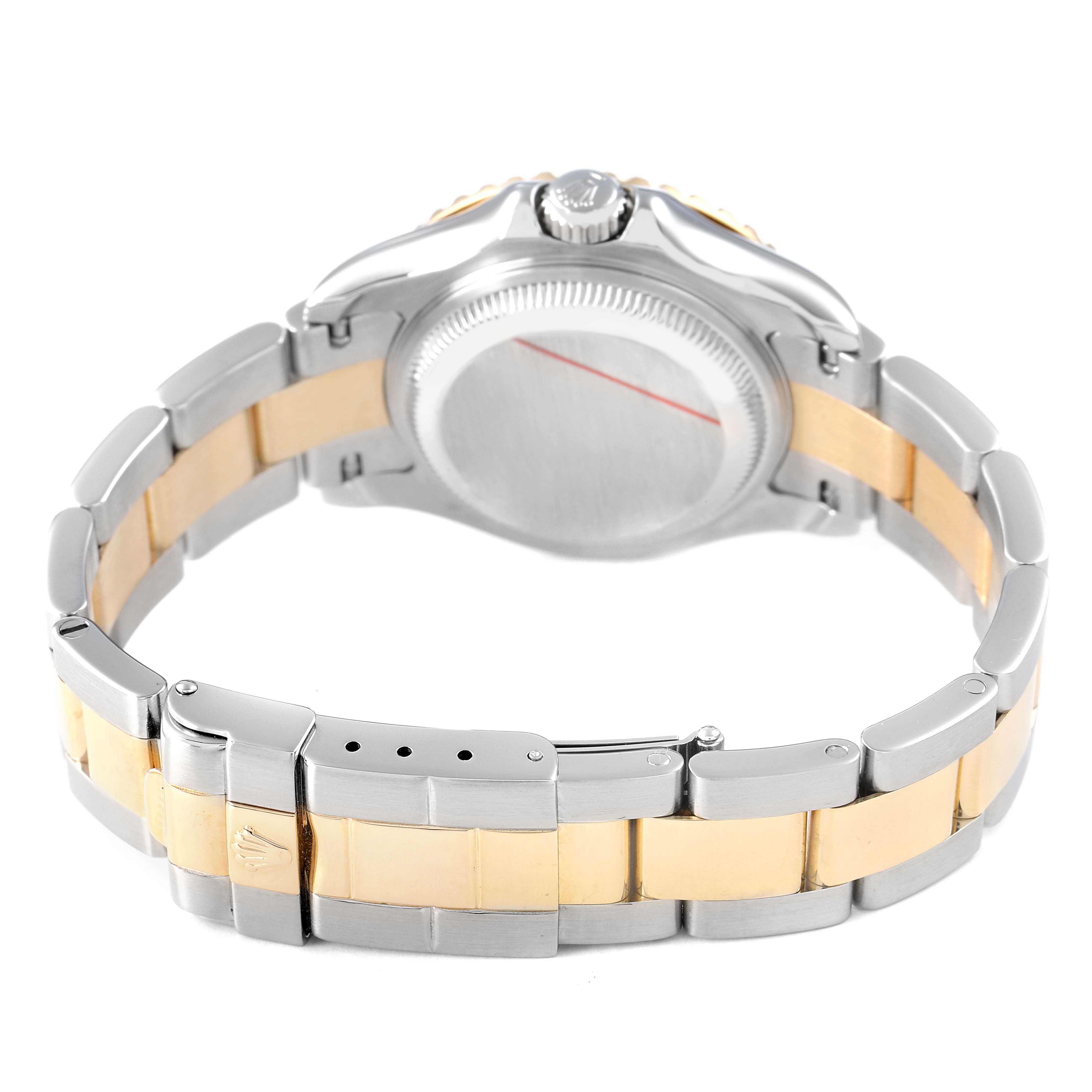 The image displays the Rolex Yacht-Master 169623 Women's Steel and Gold (two tone) White Dial watch from the back, showing its case, bracelet, and clasp from a rear angle.