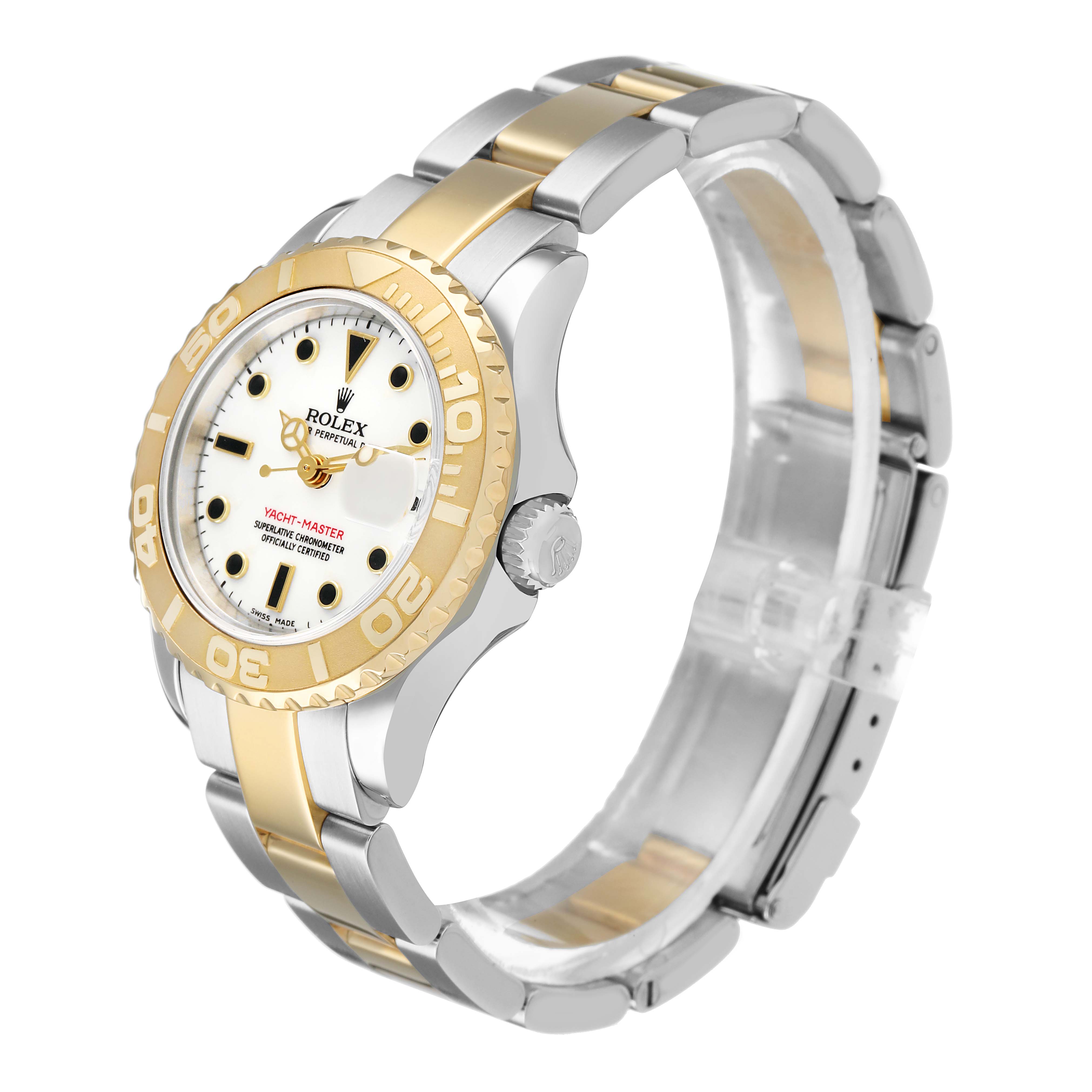 The Rolex Yacht-Master 169623 Women's Steel and Gold (two tone) White Dial watch is shown at an angled side view, highlighting the bezel, dial, crown, and bracelet.