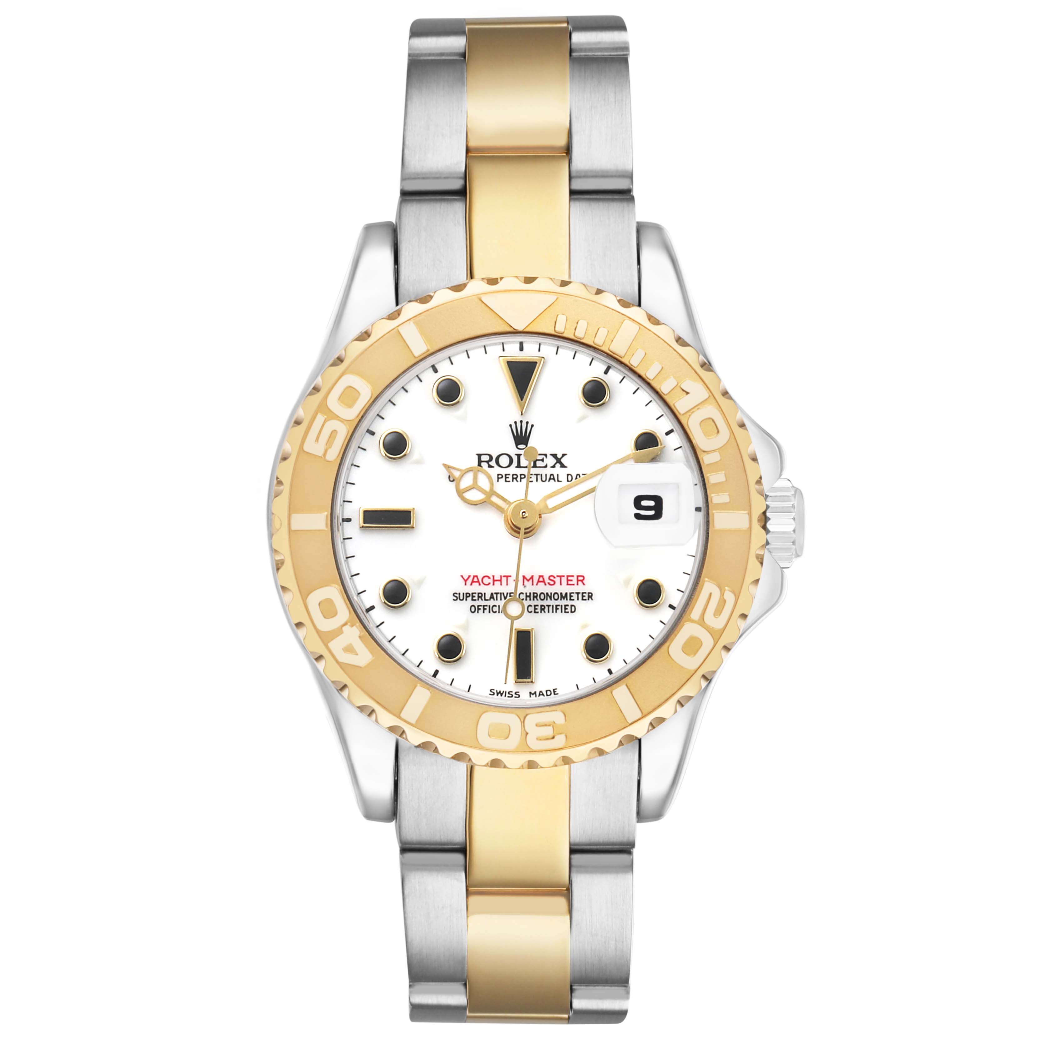 The Rolex Yacht-Master 169623 Women's Steel and Gold (two tone) White Dial watch is shown from a top view, highlighting its dial, bezel, and two-tone bracelet.
