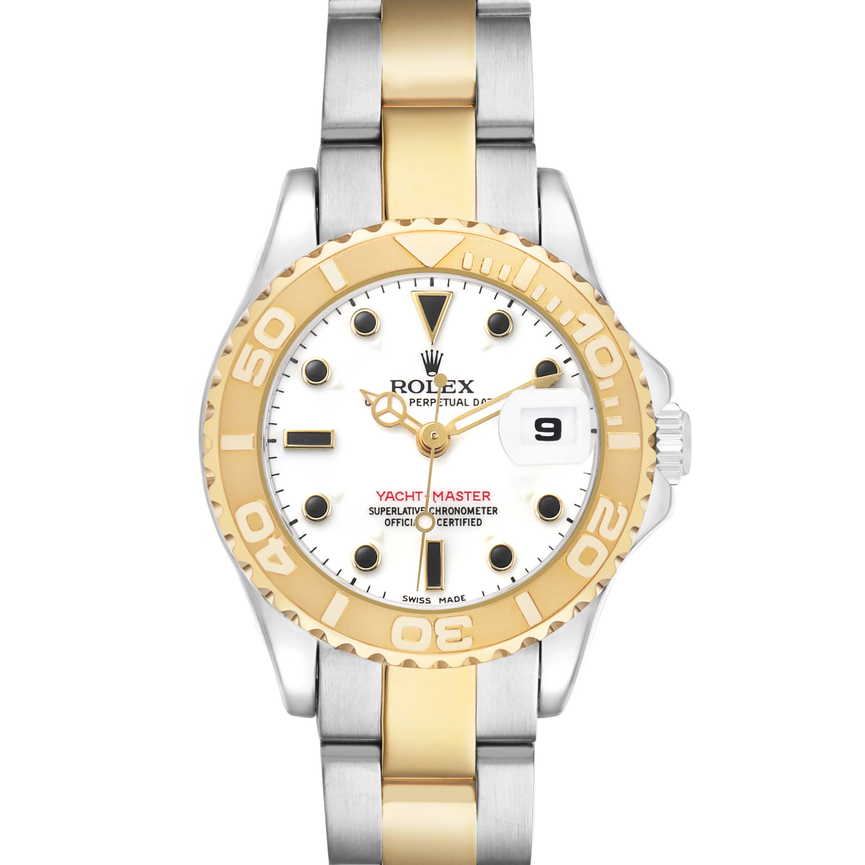 The Rolex Yacht-Master 169623 Women's Steel and Gold (two tone) White Dial watch is shown from a top view, displaying the bezel, dial, hands, crown, and two-tone bracelet.