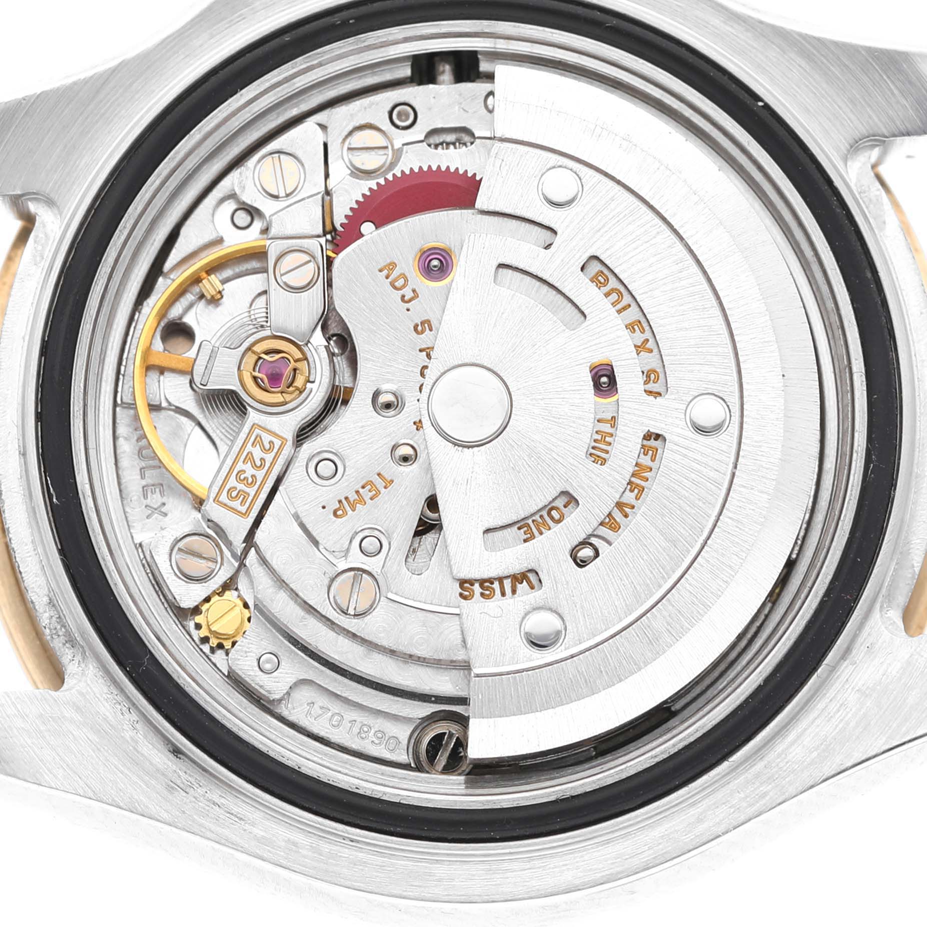 The image shows the movement and internal components of a Rolex Yacht-Master 169623 Women's Steel and Gold (two tone) White Dial watch from a rear view.