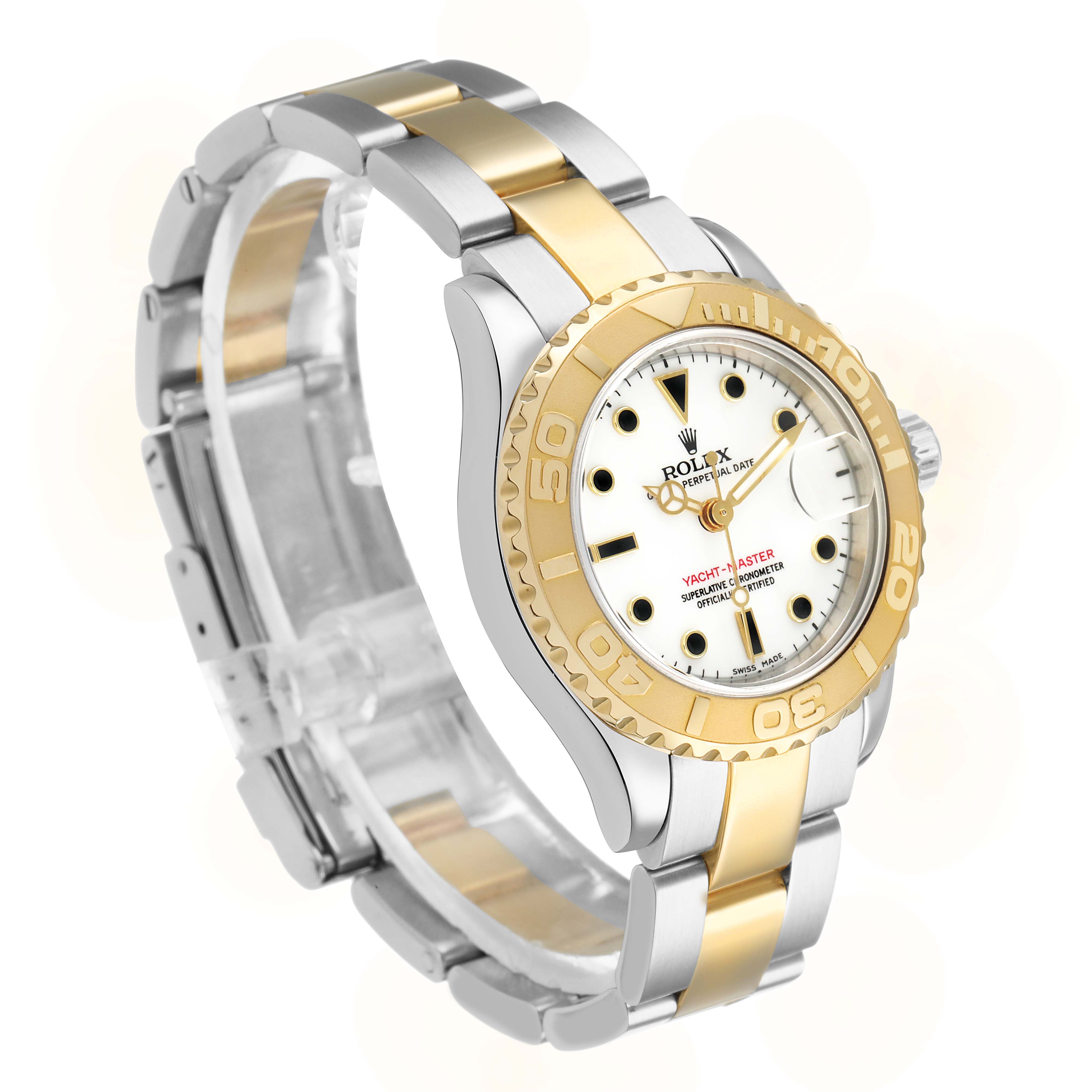 The Rolex Yacht-Master 169623 Women's Steel and Gold (two tone) White Dial watch is shown at a front-left angle, displaying the bezel, face, bracelet, and clasp.