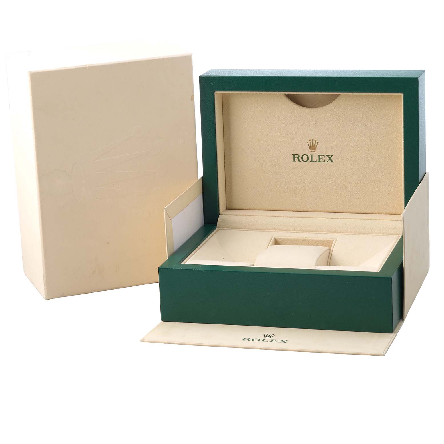 The image shows an open green and beige Rolex Yacht-Master 116655 Men's Rose Gold Black Dial watch box, viewed from the front with its outer packaging.