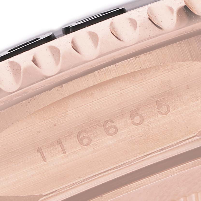 The image shows a close-up of the Rolex Yacht-Master 116655 Men's Rose Gold Black Dial's case side and bezel, with the model number engraved.