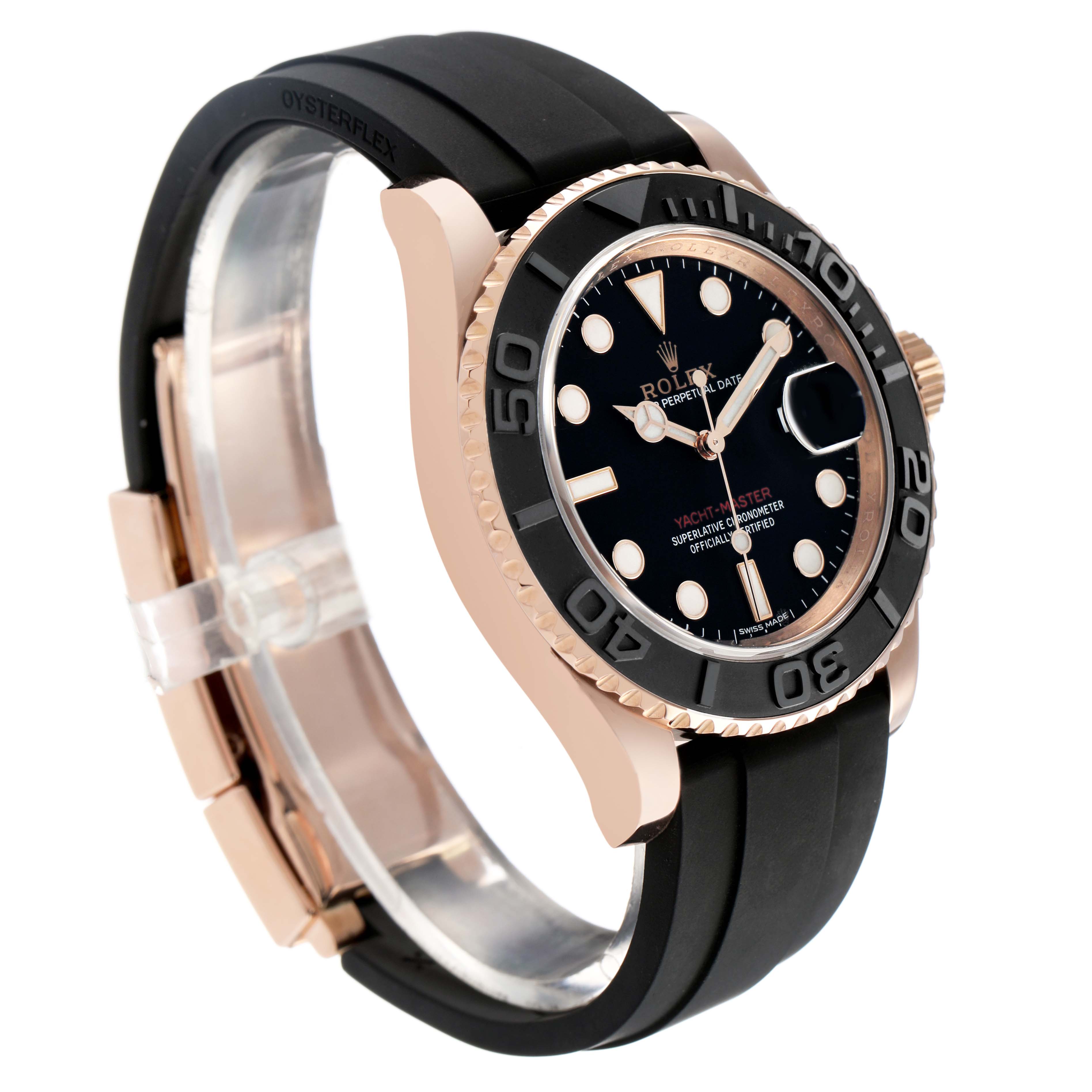 The Rolex Yacht-Master 116655 Men's Rose Gold Black Dial watch is shown at an angled side view, highlighting the bezel, dial, hands, and rubber strap.