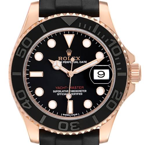 The Rolex Yacht-Master 116655 Men's Rose Gold Black Dial watch is shown from the front, featuring the dial, bezel, and part of the strap.