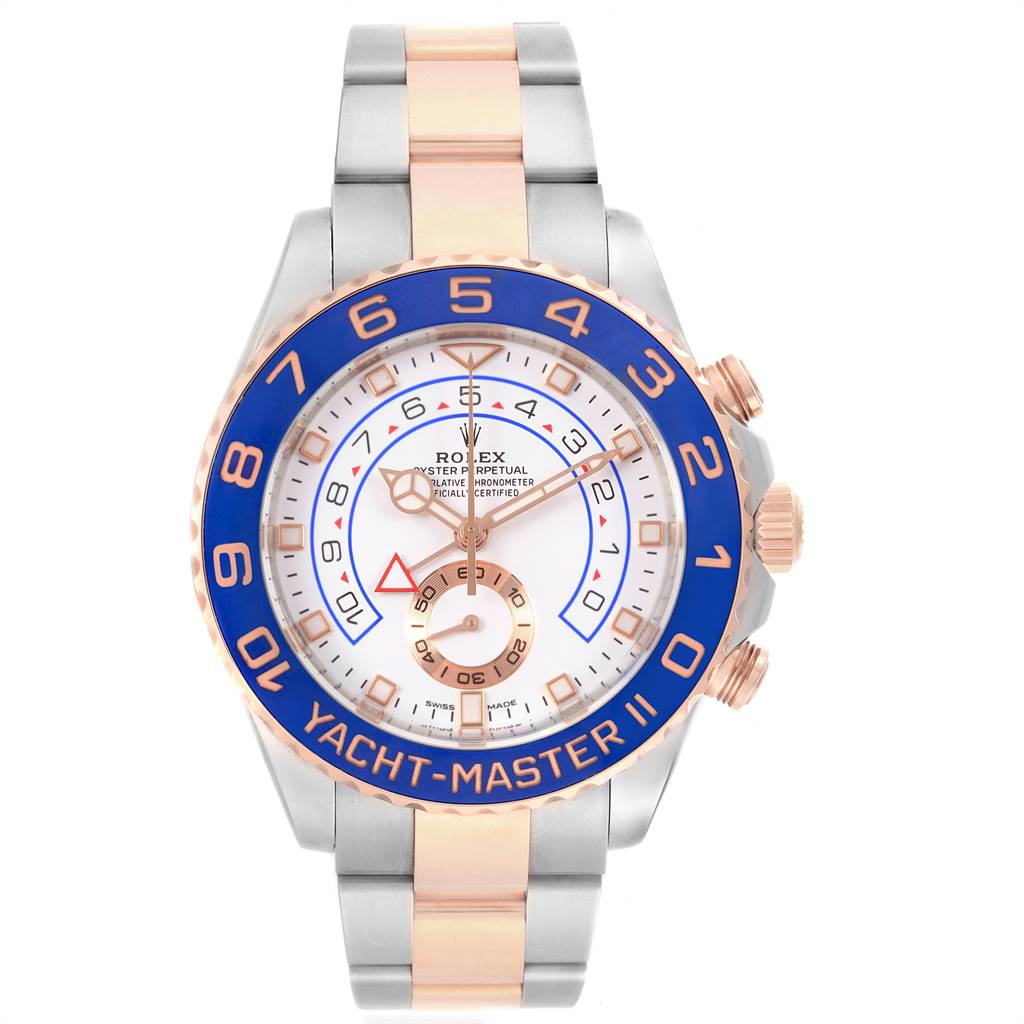 The image shows a front view of a Rolex Yacht-Master 116681 Men's Steel and Gold (two tone) White Dial 116681 Men's Steel and Gold (two tone) White Dial II watch featuring its dial, bezel, and bracelet.