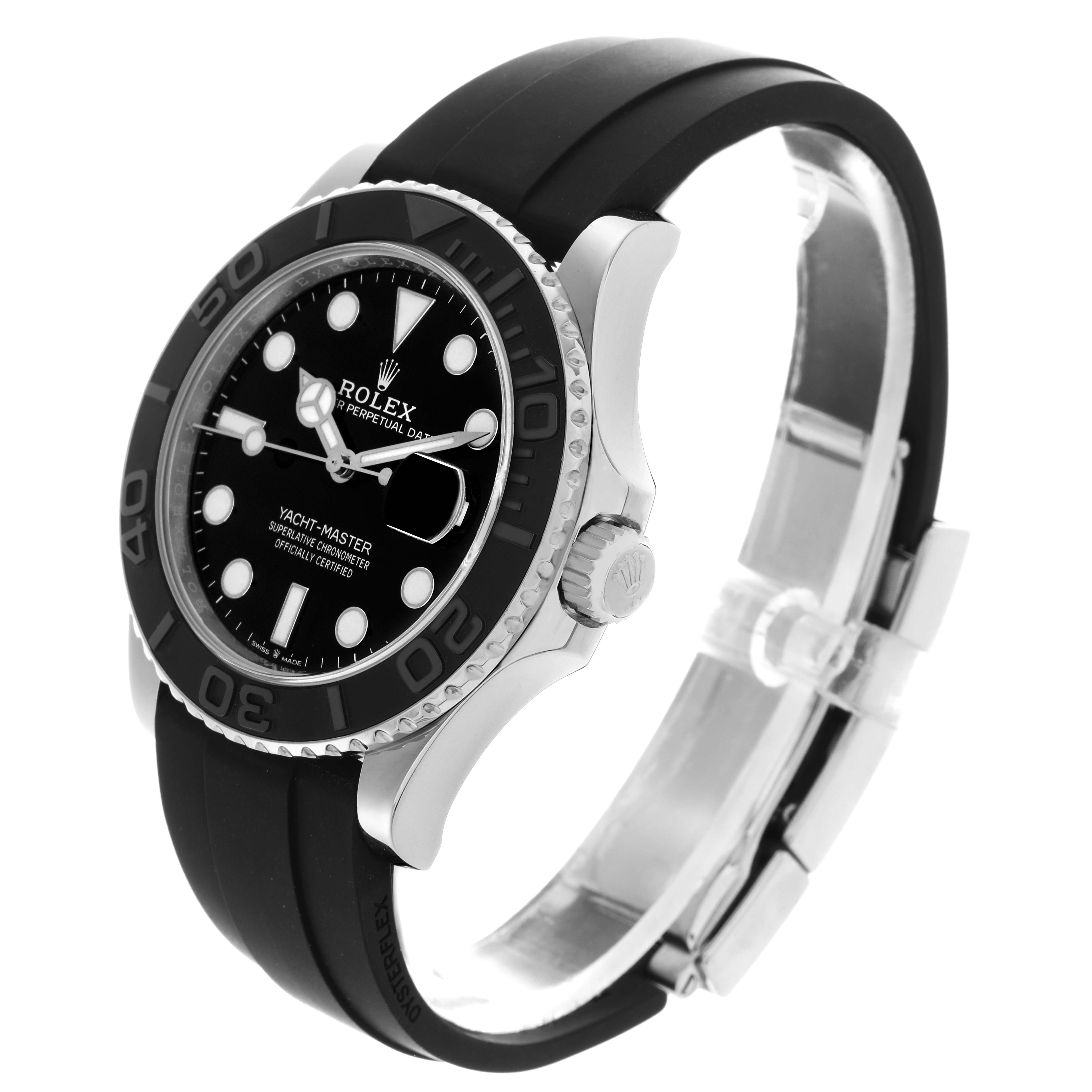 The Rolex Yacht-Master 226659 Men
s White Gold Black Dial 226659 Men
s White Gold Black Dial watch is shown at a three-quarter angle, highlighting the dial, bezel, and rubber strap.