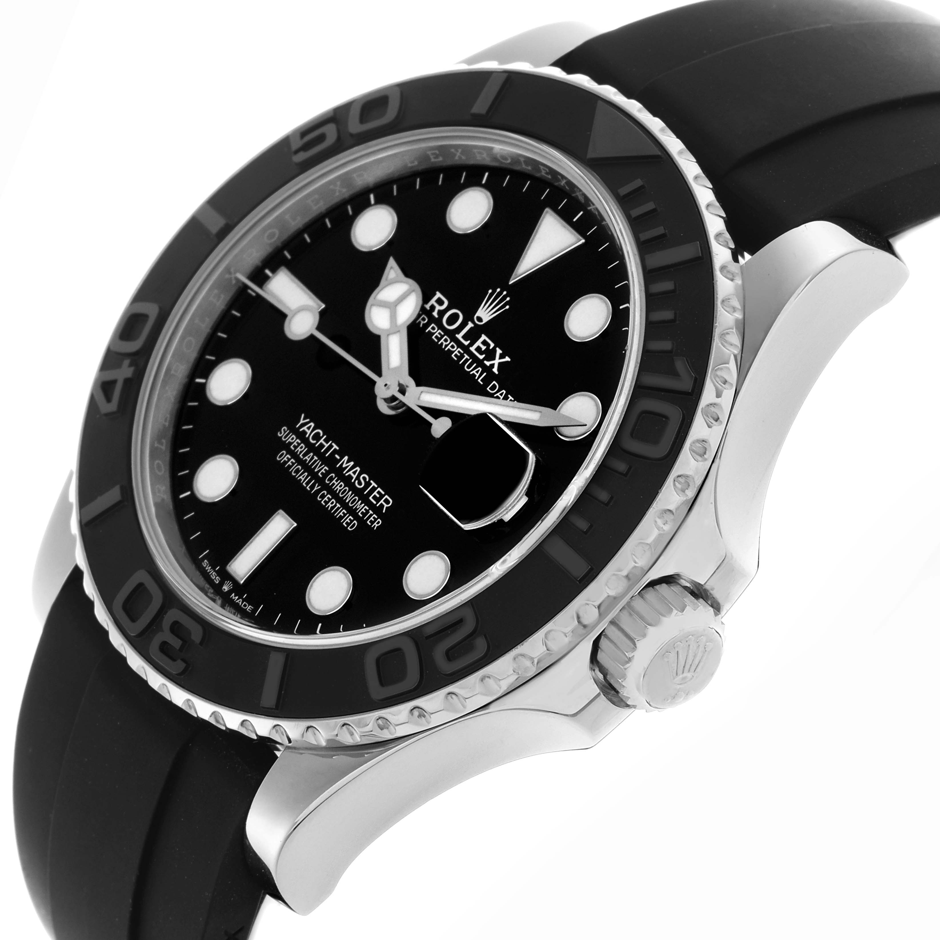 The Rolex Yacht-Master 226659 Men
s White Gold Black Dial 226659 Men
s White Gold Black Dial watch is shown from a side angle highlighting the face, bezel, crown, and rubber strap.